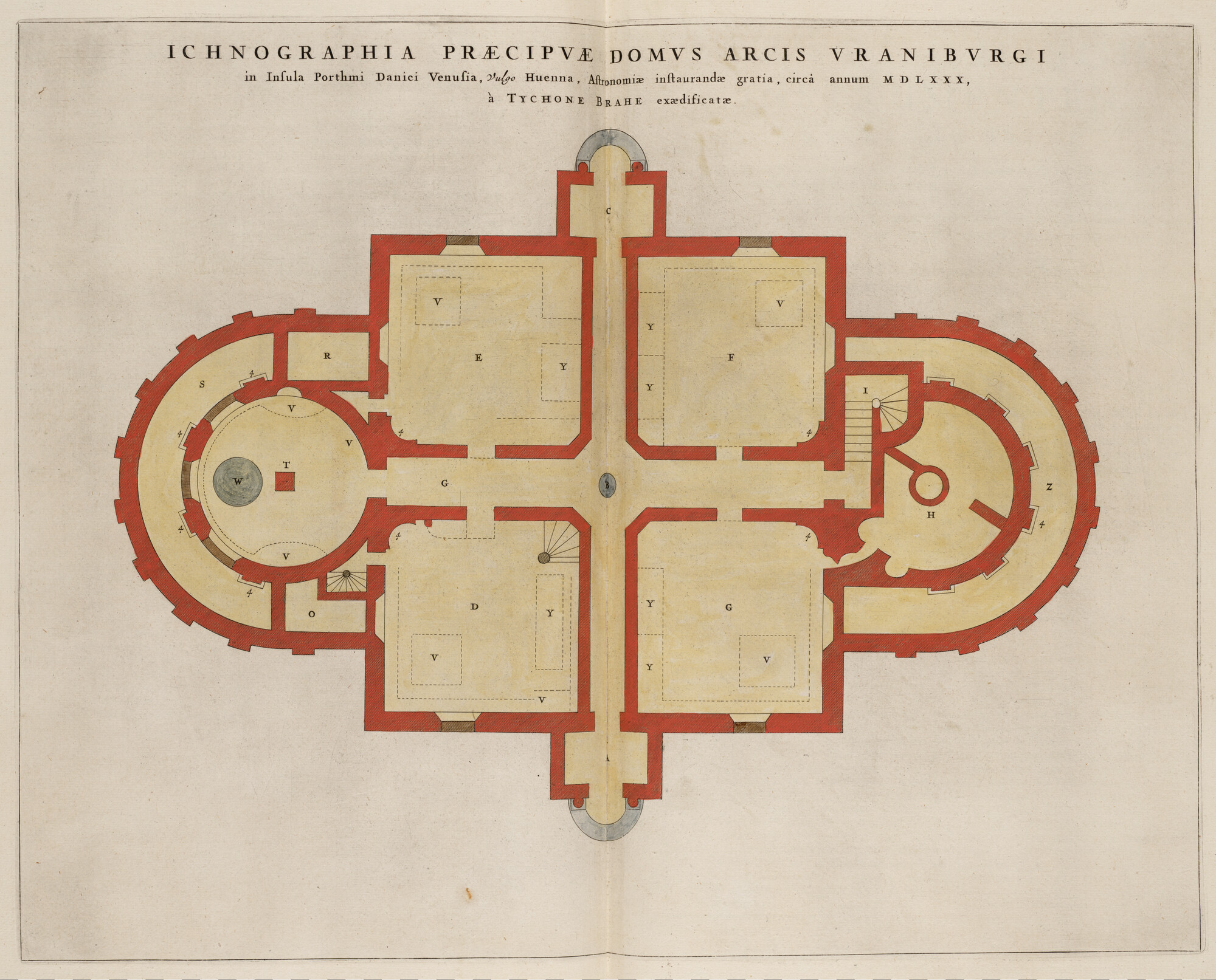 S.1034(01) [kaart 034]; Plattegrond van het grote huis (observatorium) van Tycho Brahe op het eiland van Hven in de Sont; plattegrond