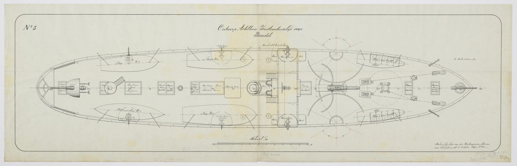 S.2175(4295); Bovendek van het ontwerp artillerie instructieschip 1890 Hr.Ms. 'Bellona'; technische tekening