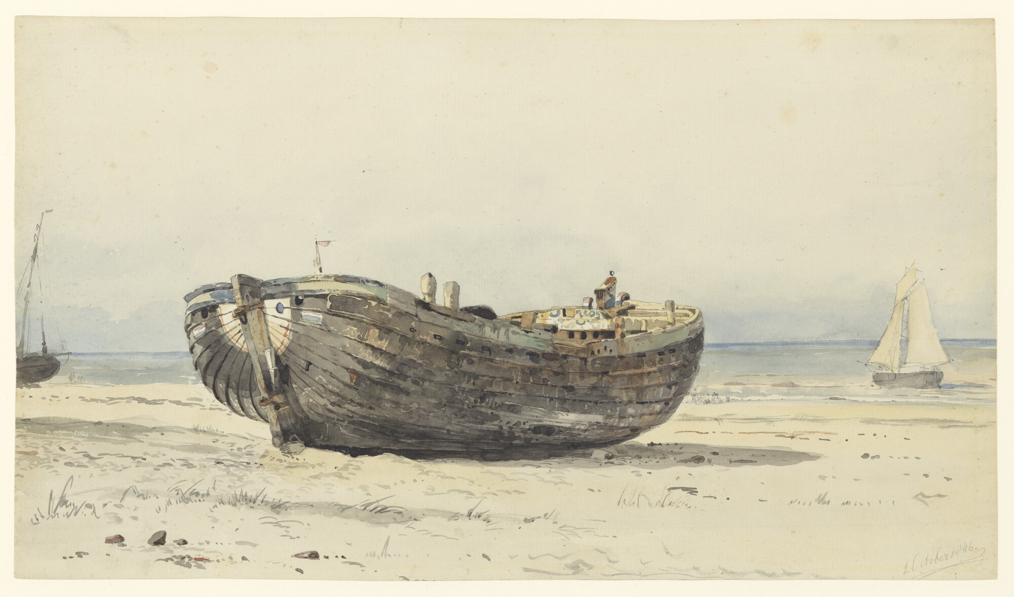 A.0863(01); Een bomschip op het strand; tekening