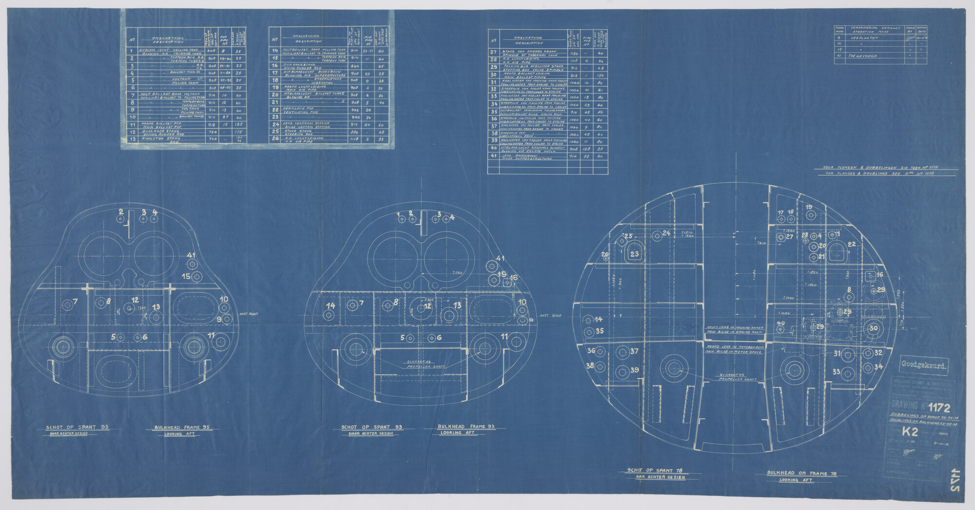 S.2175(3834); Dwarsdoorsneden  over drie spanten aan boord van de onderzeeboot  Hr.Ms. 'K II'.; technische tekening