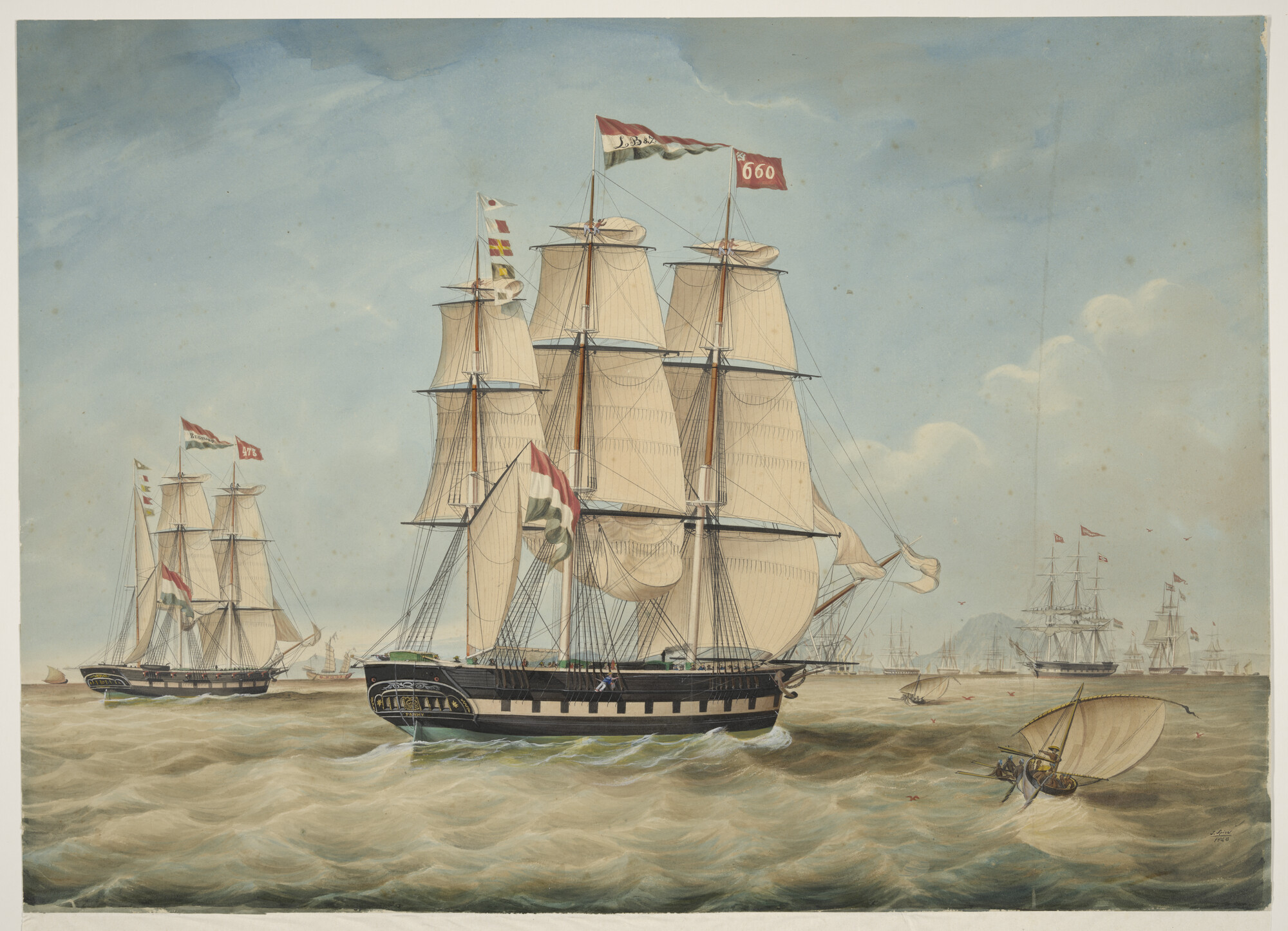 A.1259(04)c; Het fregatschip Fanny en het barkschip Zeepaard op de rede van Batavia; tekening