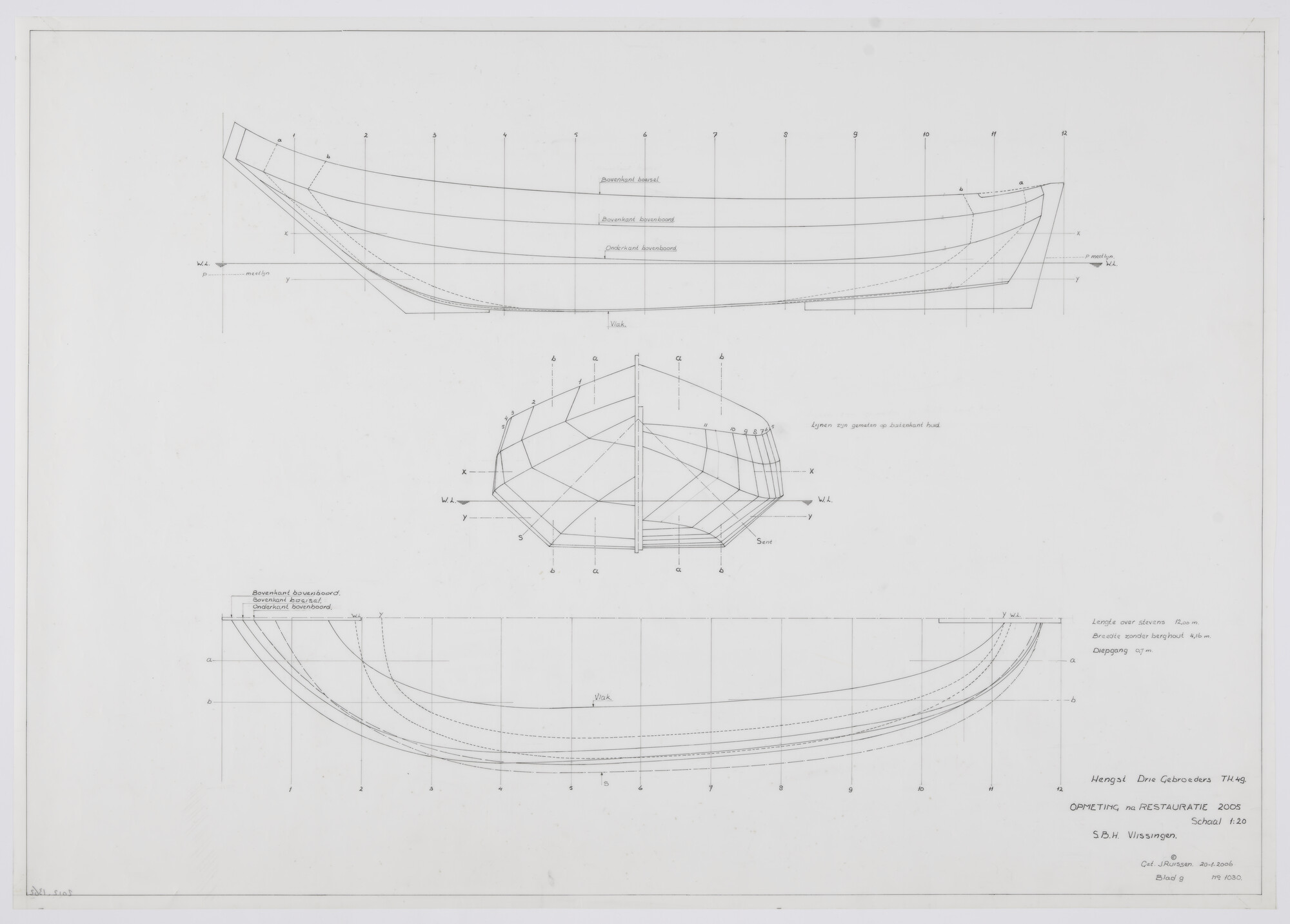 2012.1362; Lijnenplan van de hengst 'De Drie Gebroeders' TH 49 van 12 meter over de stevens; technische tekening