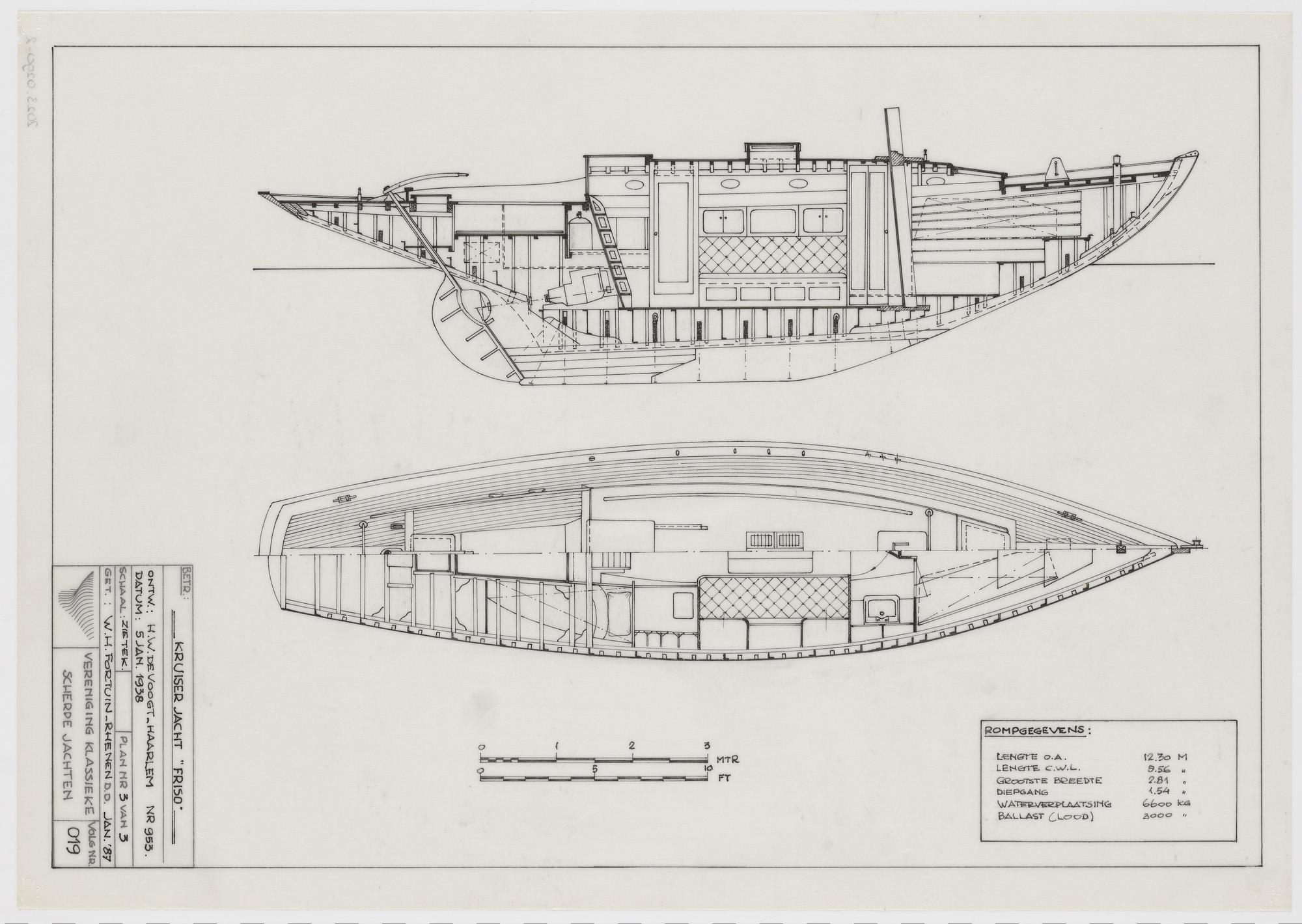 2023.0290-2; Technische tekening van het kruiserjacht Friso; technische tekening