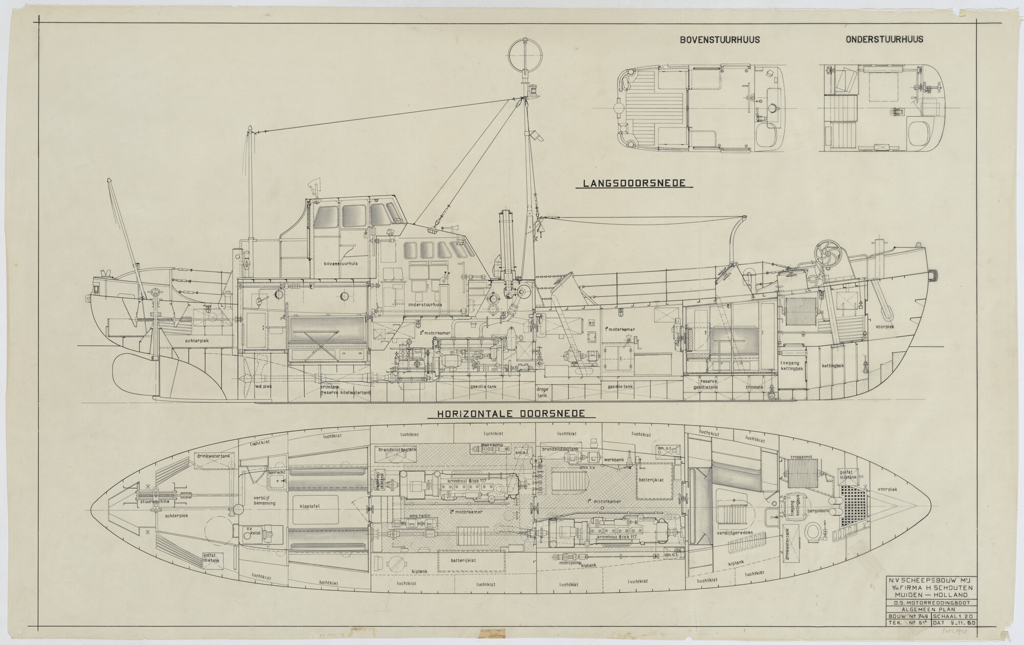 2005.1950; Algemeen plan van de stalen dubbelschroef zelfrichtende motorreddingboot "Carlot"; technische tekening