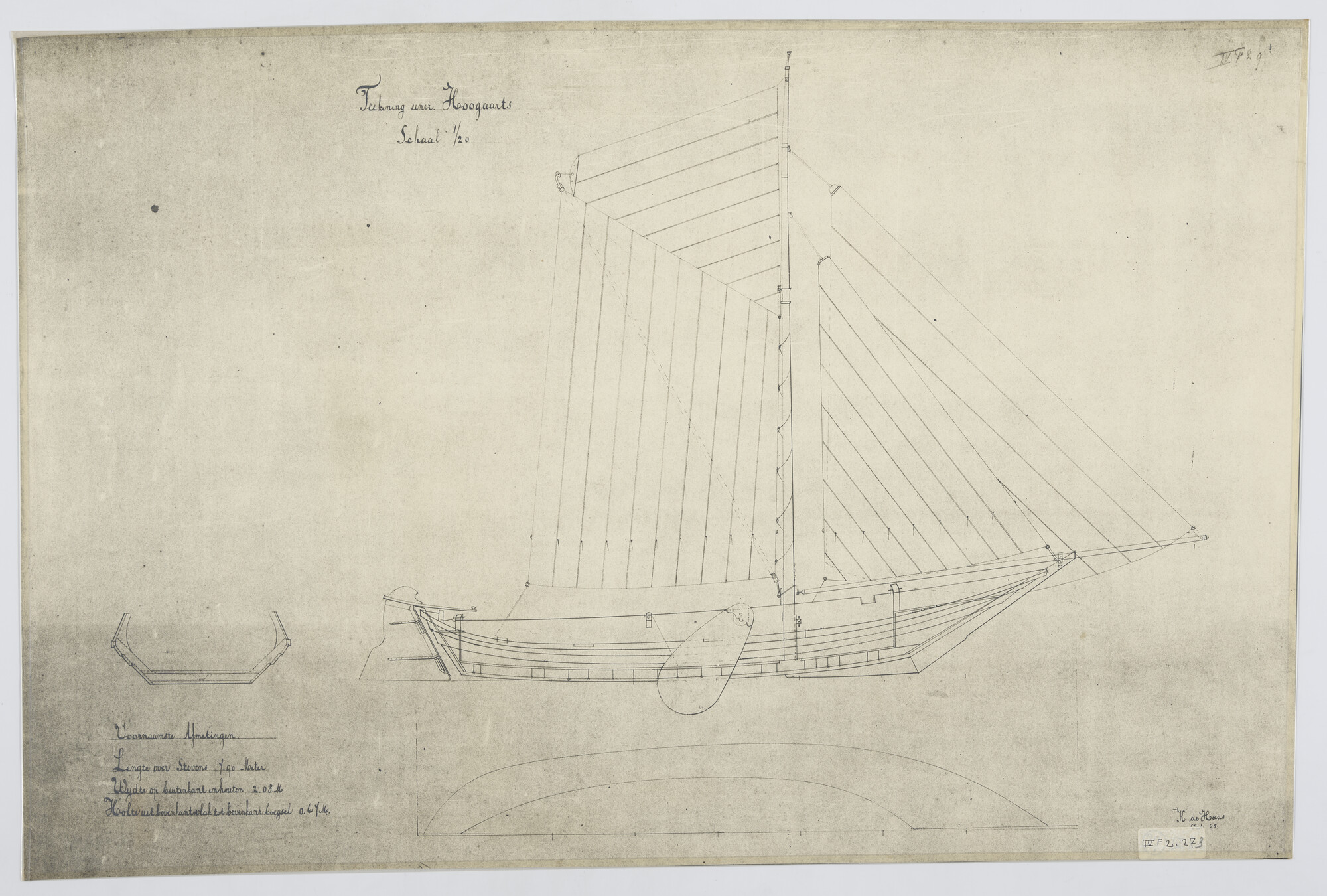 2016.0217; Tuigtekening met zijaanzicht, bovenaanzicht en dwarsdoorsnede, Hoogaars (1895); technische tekening