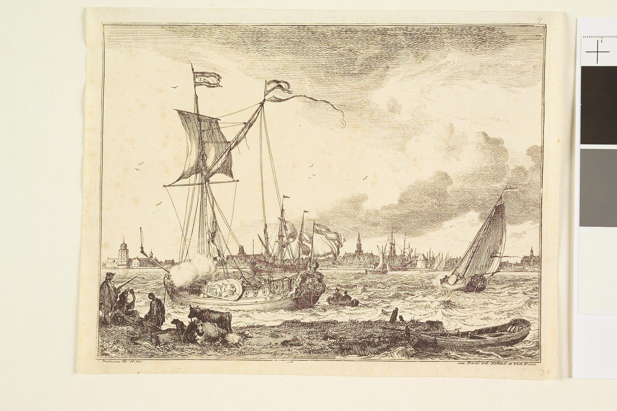 A.0149(0044); Uit de serie D'Y Stroom en Zeegezichten: Een spiegeljacht van de Staten-Generaal en een boeier die zeil mindert; prent
