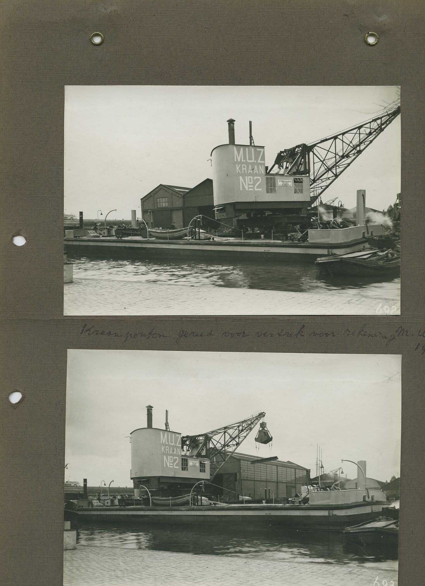 S.6386(113)0026; Foto van kraanponton gereed voor vertrek voor de Maatschappij Uitvoering Zuiderzeewerken (M.U.Z.); foto