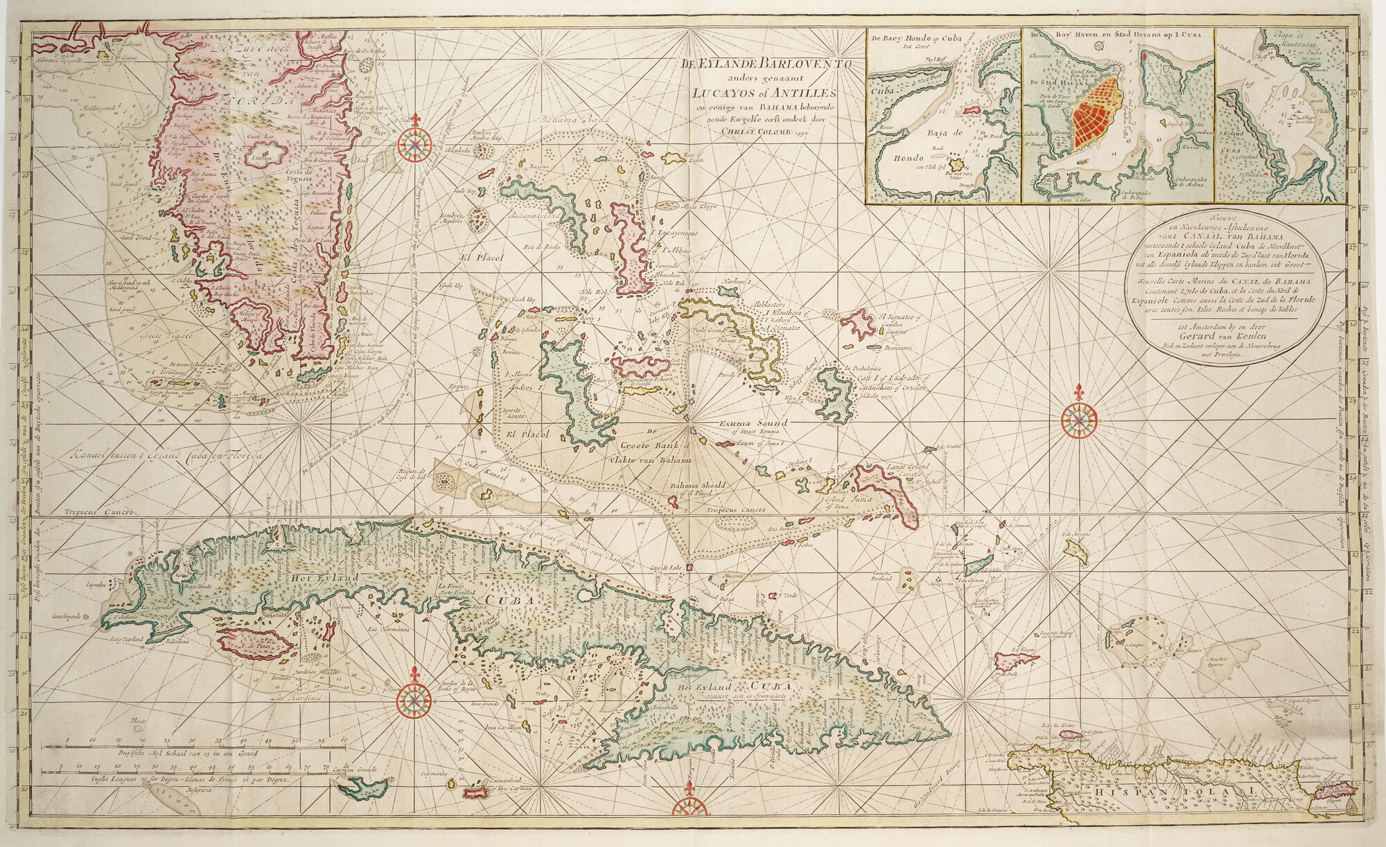 B.0032(109)4 [kaart 043]; Zeekaart van zuid Florida, de Bahama's, Cuba, met drie inzetkaarten, Havana,; zeekaart