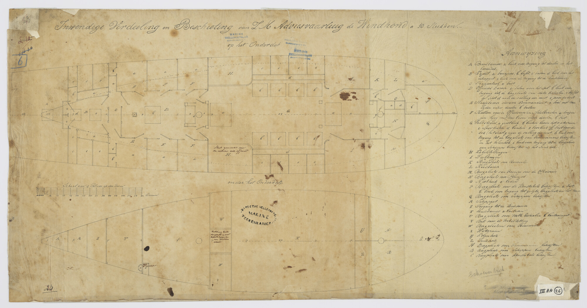 S.1214(0138); Indelingsplan van de adviesbrik Zr.Ms. 'Windhond' à 10 stukken; technische tekening