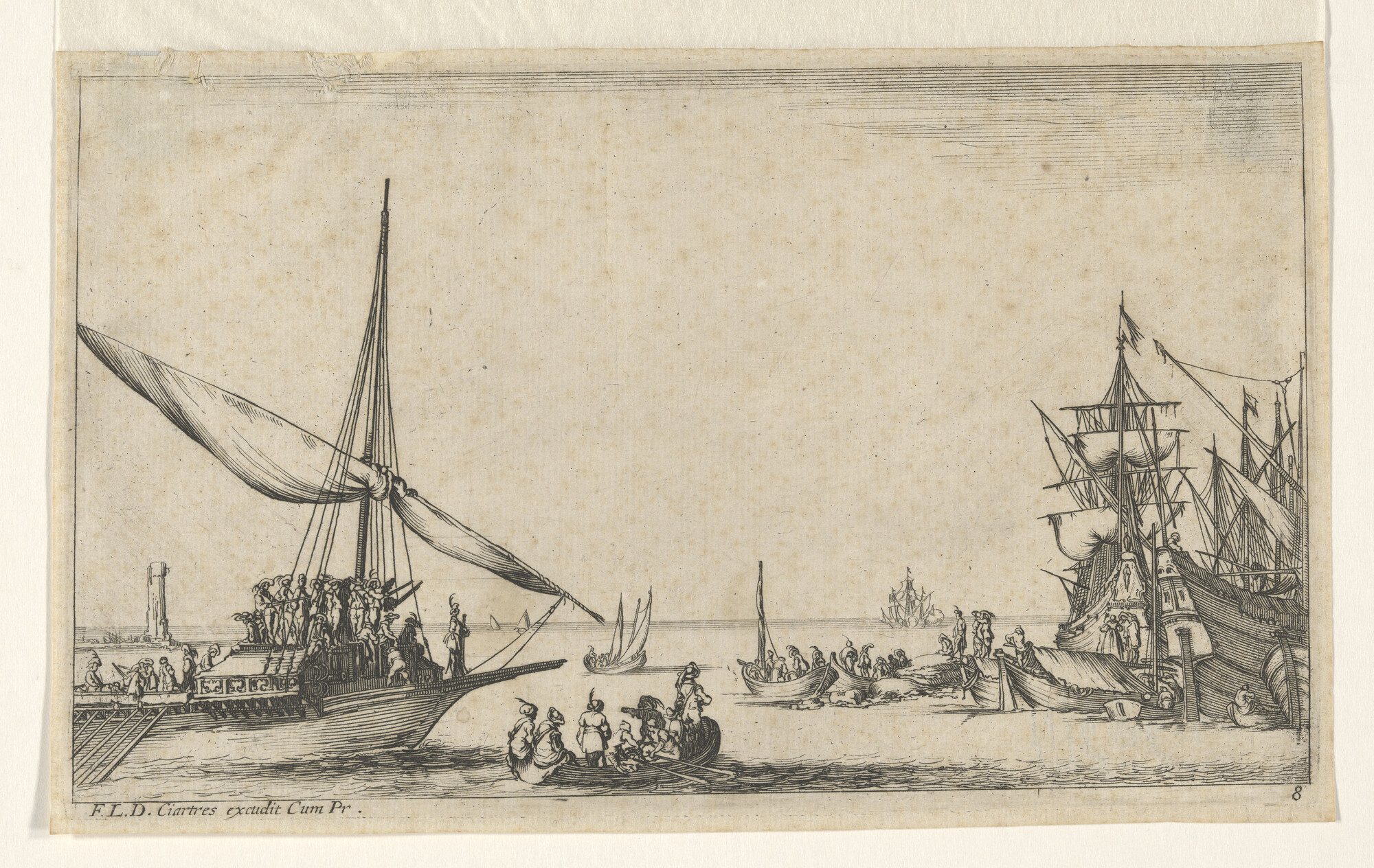 A.0989(01) [nr 0004]; Scheepvaart op een rede met links een galei en rechts twee oorlogsschepen; prent