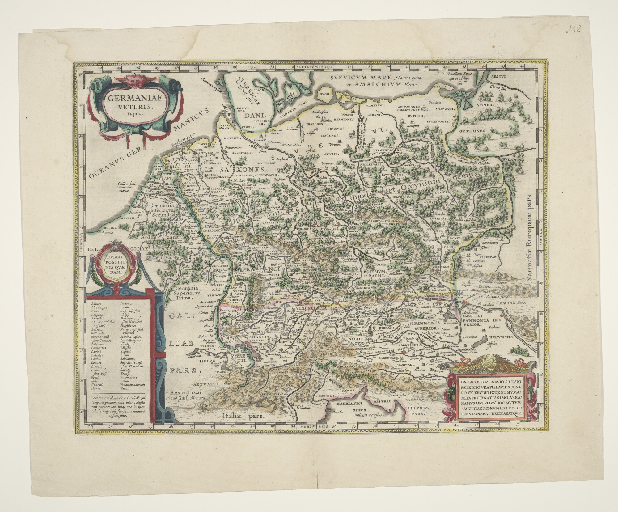 A.3845(01)012; Met de hand gekleurde kaart van Duitsland door Abraham Ortelius uit 1587; landkaart