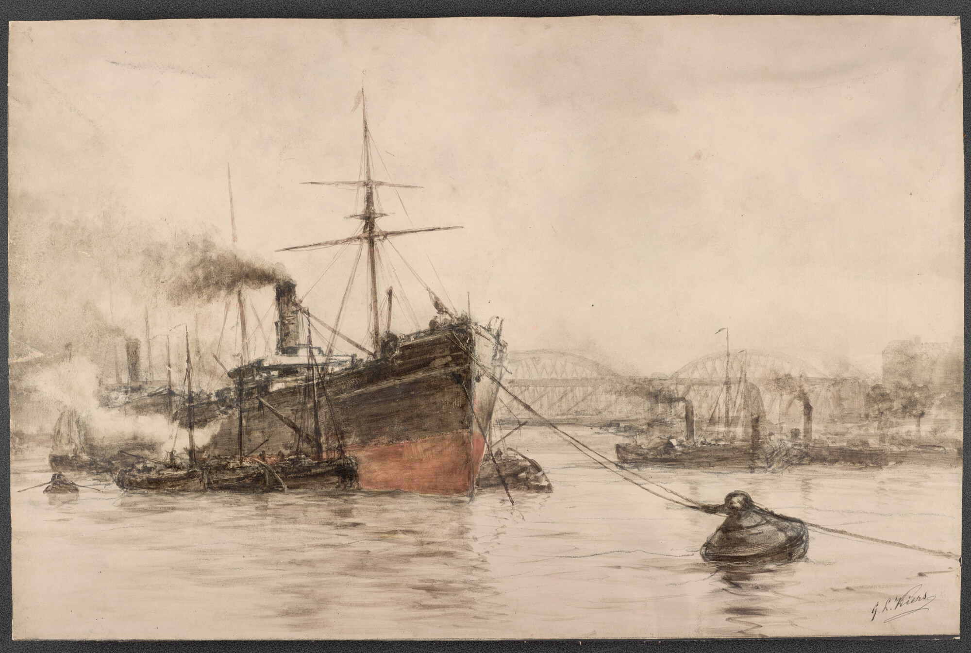 A.5033; Een stoomzeilschip voor de Maasbruggen te Rotterdam; schilderij