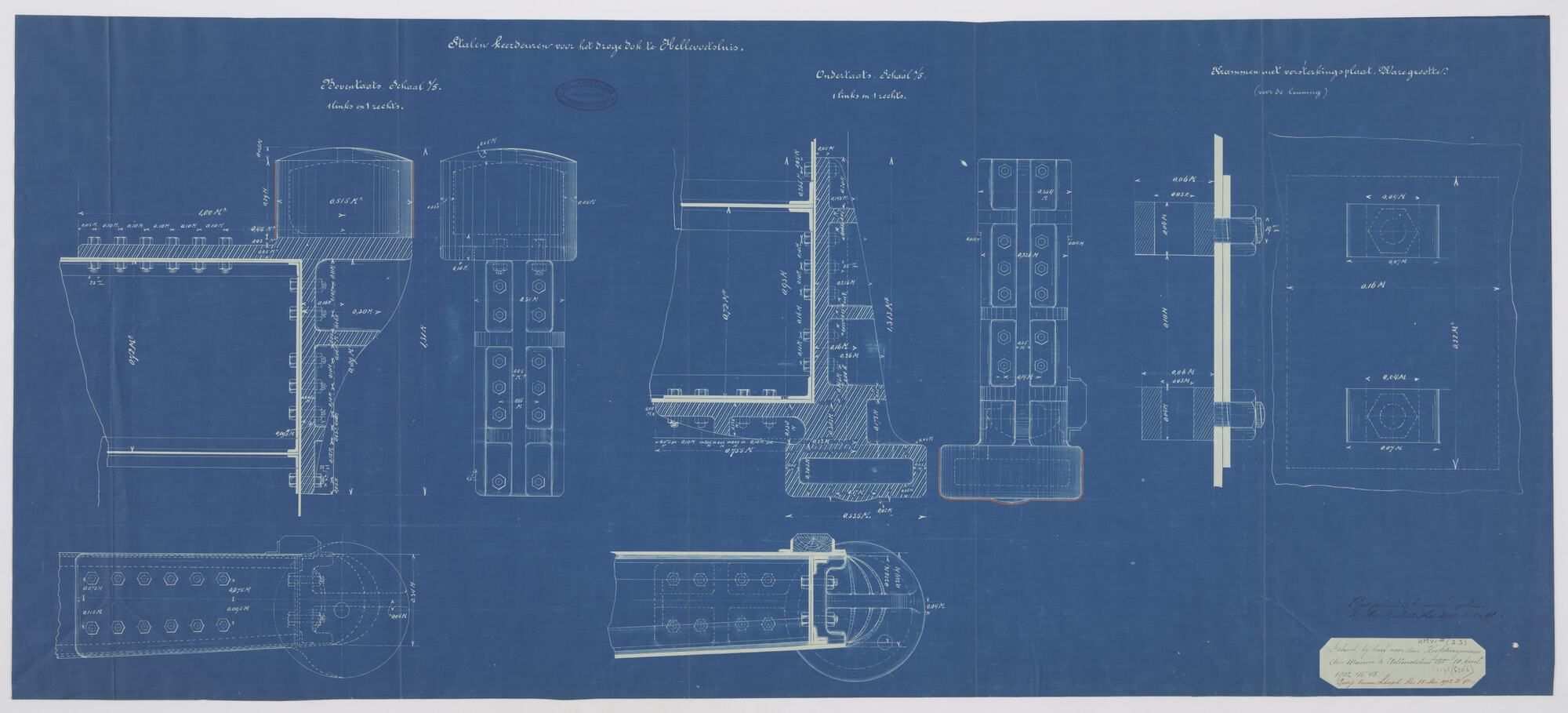 S.2175(5306); Doorsneden en aanzichten van details van de stalen keerdeuren voor het droge dok (Jan Blanken Jansz.) bij de marinewerf te Hellevoetsluis; technische tekening