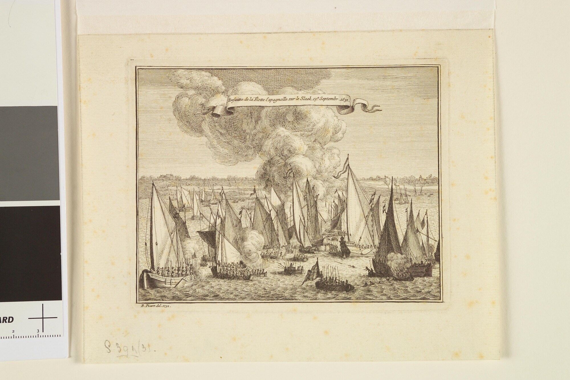 S.0391(03) [nr 0002]; 'Defaitte de la Flotte Espagnolle.' De slag op het Slaek, 13 september 1631; prent