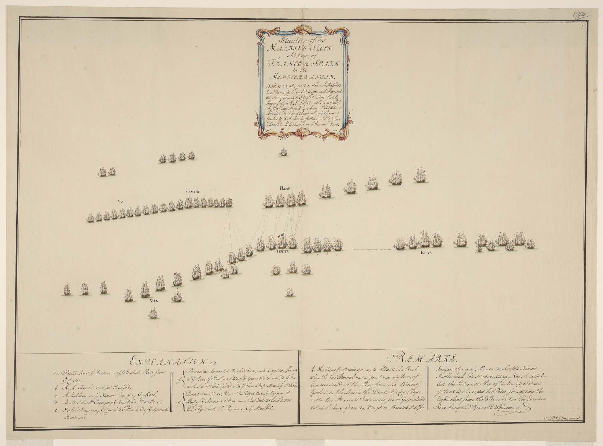 S.0597(01)2; Tekening van de zeeslag tussen de Engelse vloot en de gecombineerde Franse en Spaanse vloten bij Toulon, 1744; tekening
