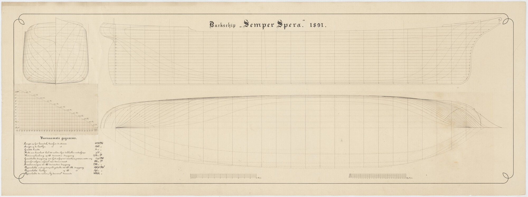 2013.0920; Lijnenplan van het barkschip Semper Spera (Houd altijd Hoop) van 61.20 meter; technische tekening