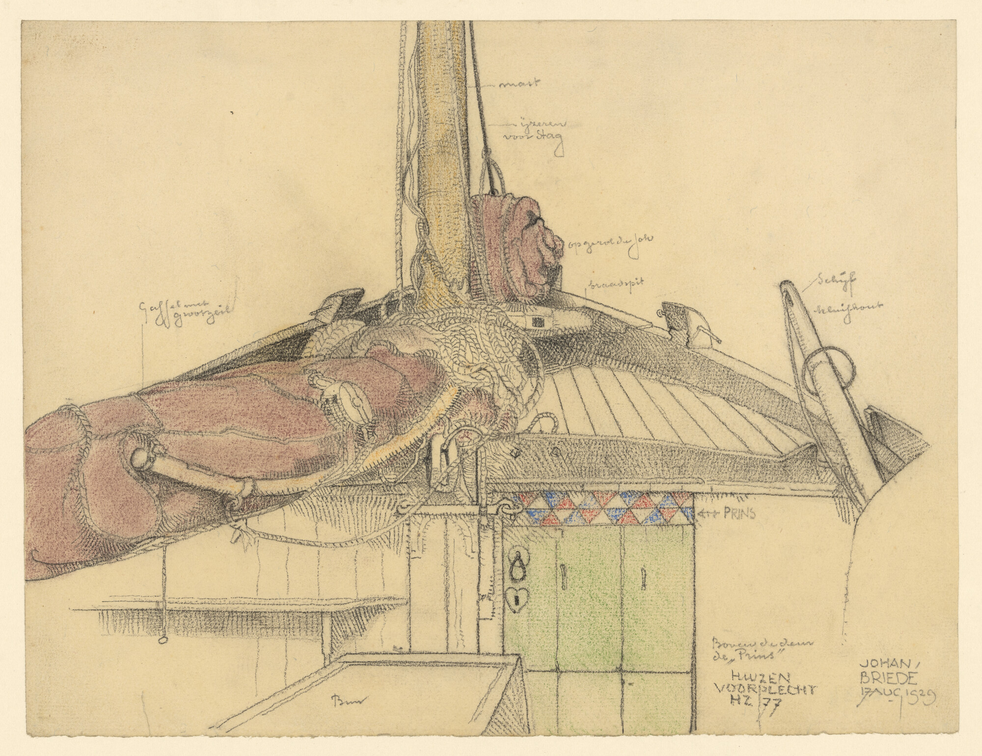 S.2334 [nr 0003]; De voorplecht van de Huizer botter 'HZ 77'; tekening
