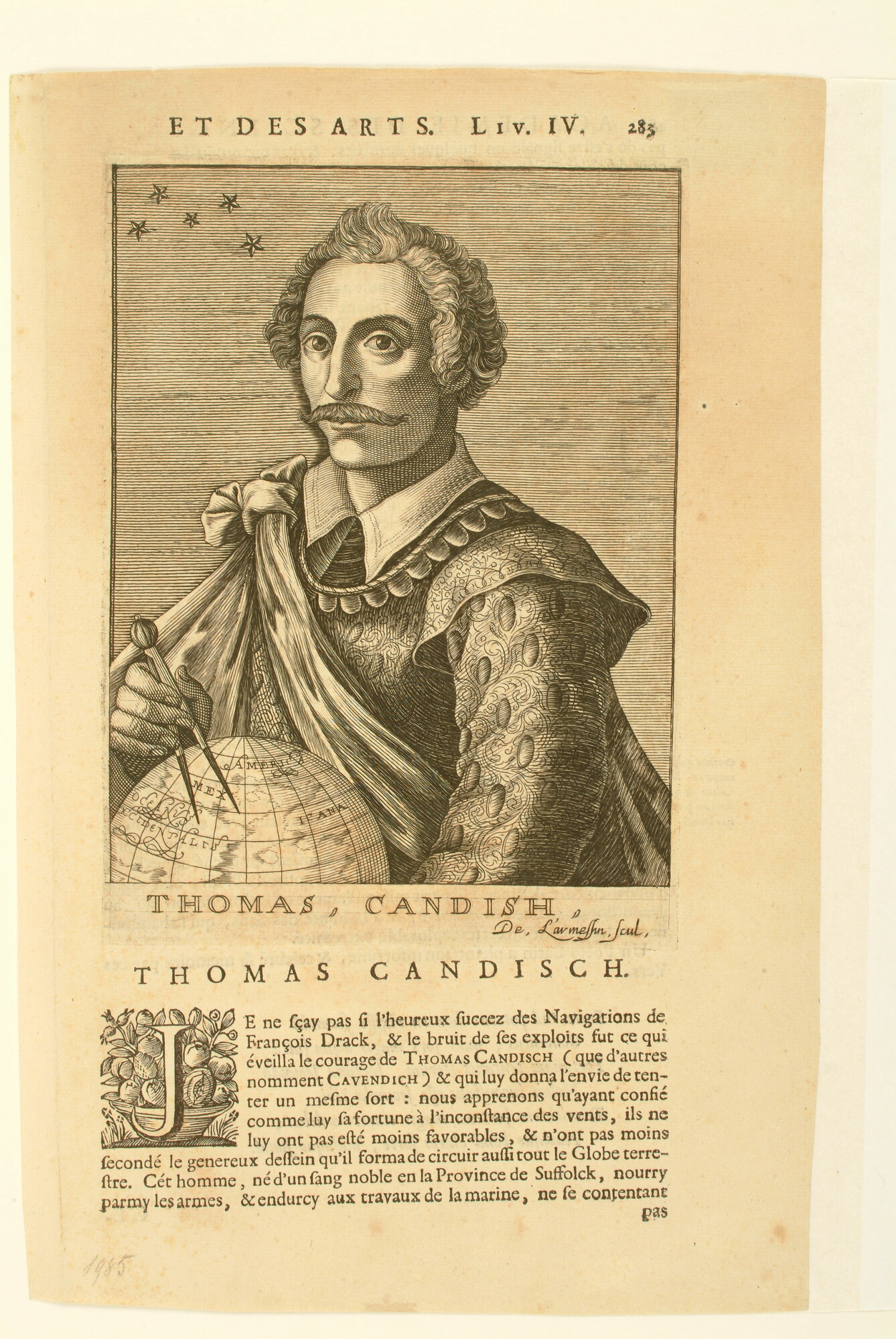 A.0075(130); Bladzijde uit boek met een portret van Thomas Candish; prent