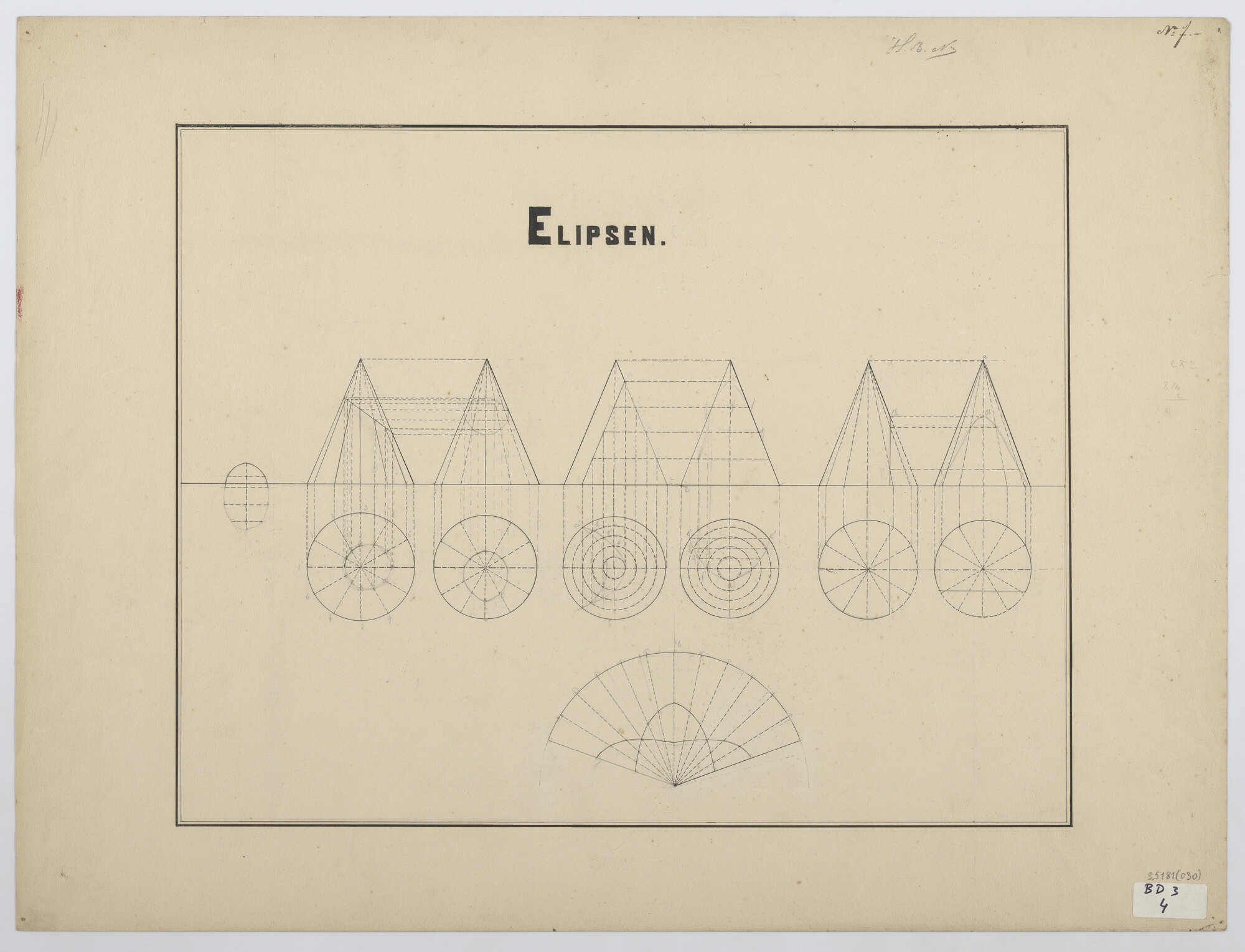 S.5181(030); Inleiding in de eerste beginselen rechtlijnig, bouwkunstig- en werktuigbouwkunstig tekenen: ellipsen; technische tekening