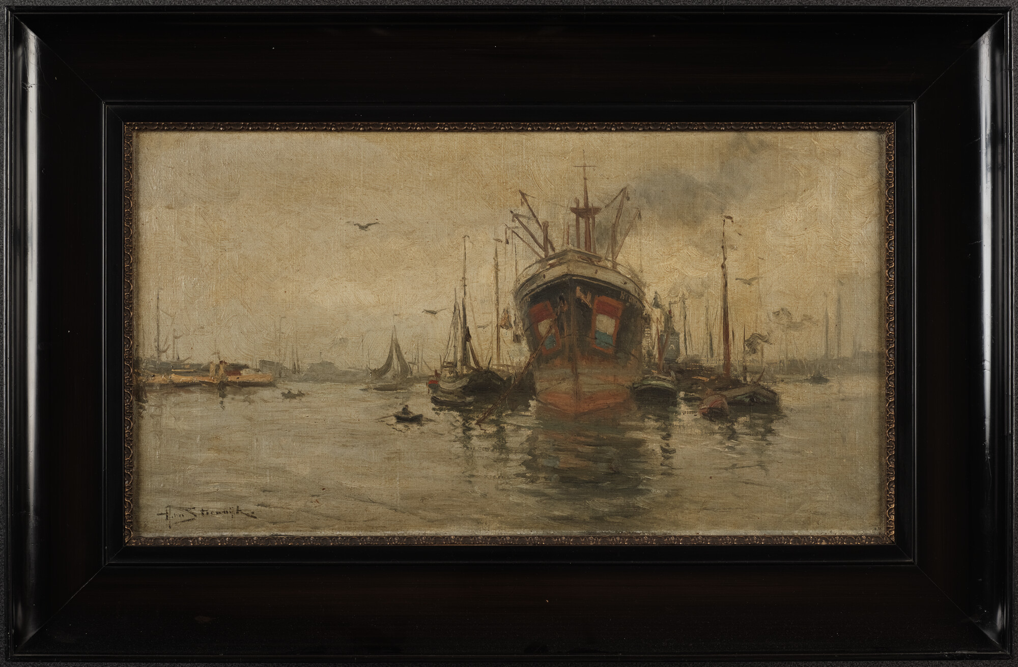 S.5771; Het ss. Riouw in de Houthaven te Amsterdam, juni 1916; schilderij