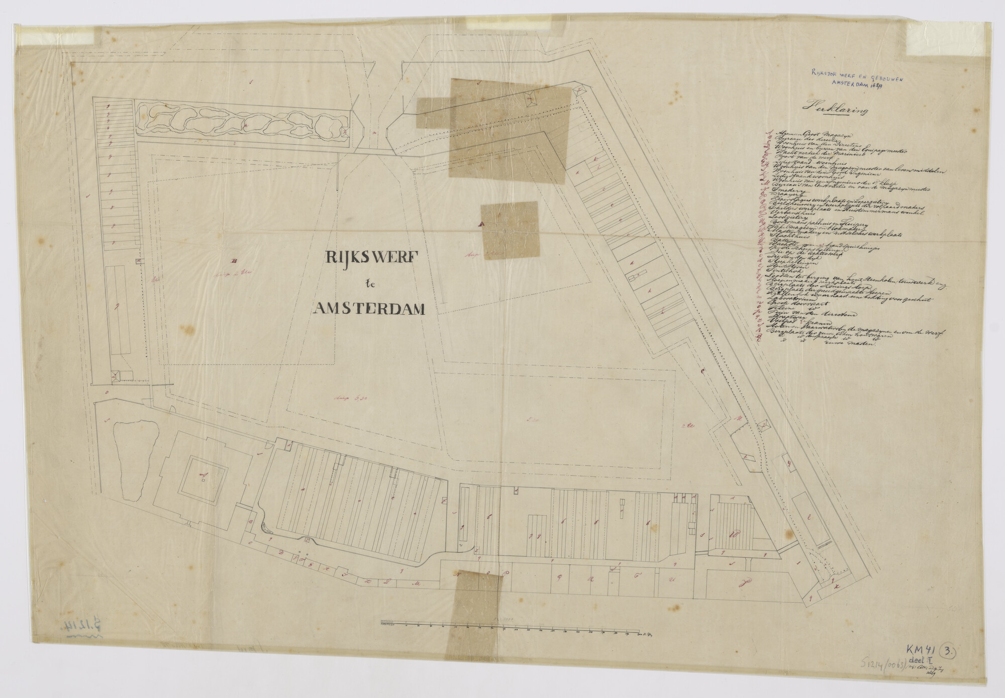 S.1214(0063); Plattegrond van de Rijkswerf te Amsterdam in 1849 met uitvoerige legenda; technische tekening