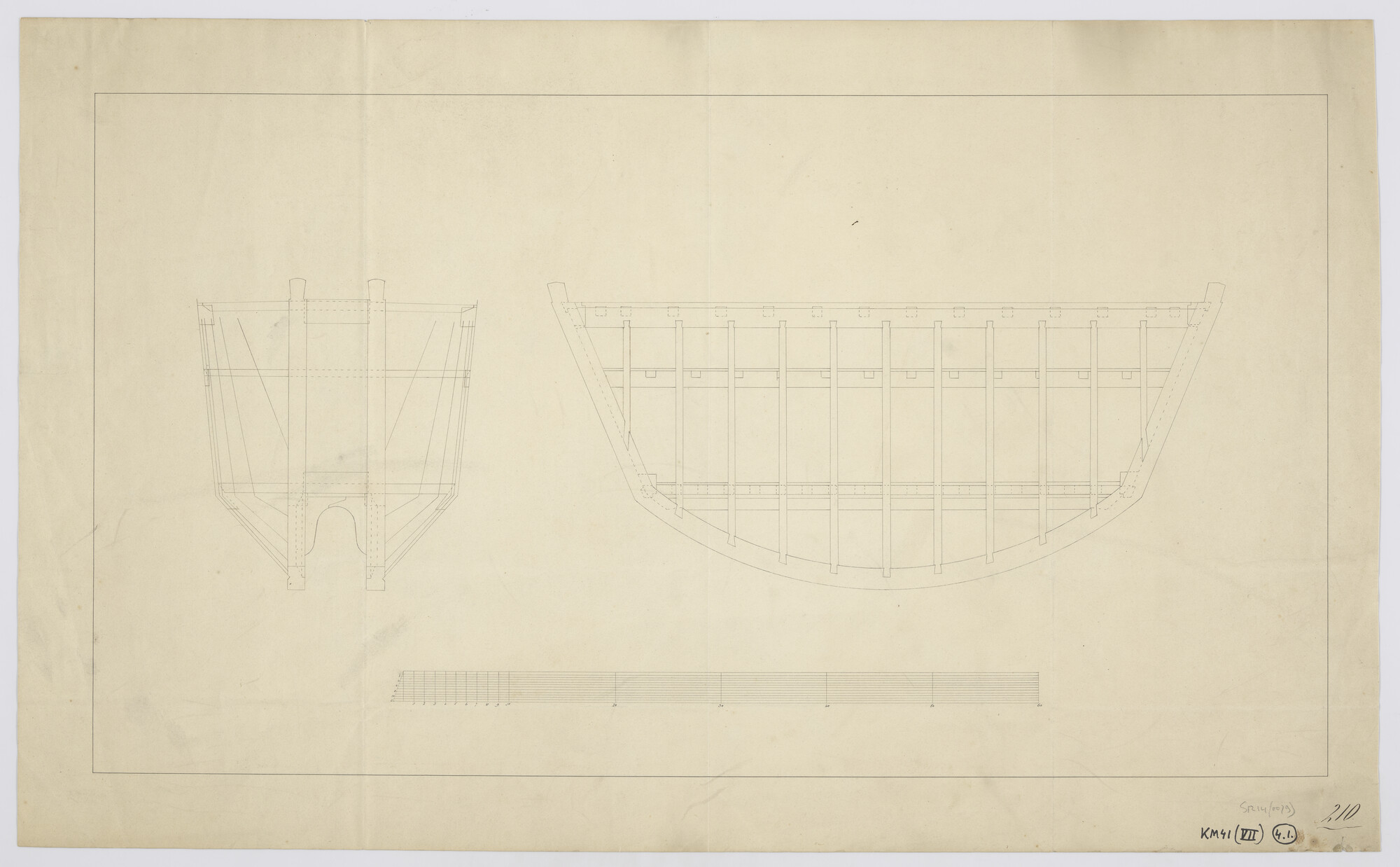 S.1214(0079); Dwarsdoorsnede en langsdoorsnede van een schipdeur (bateau-porte) (1837); technische tekening