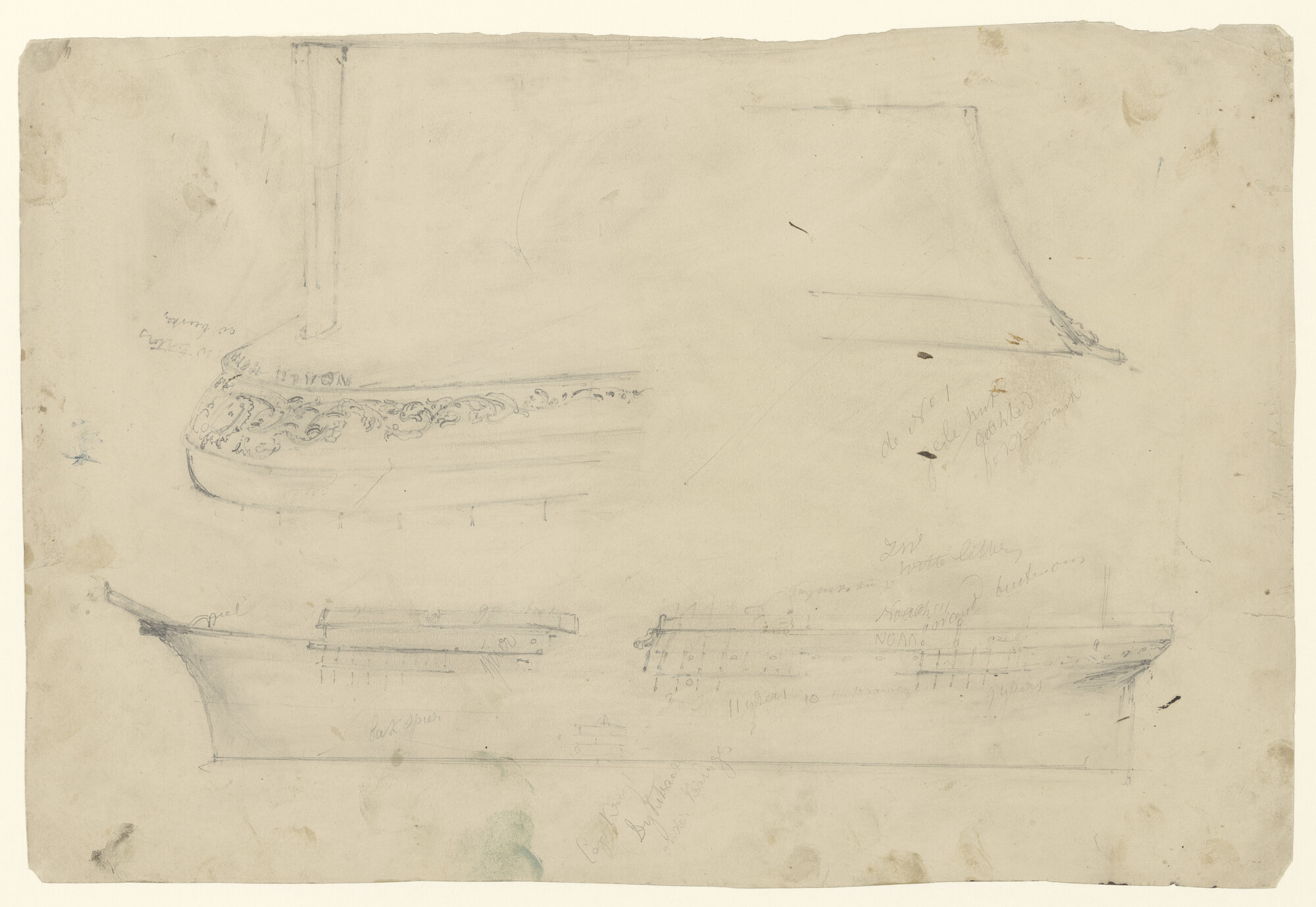 S.3107(07)035; Voor- en achterschip van het clipperfregatschip Noach; tekening