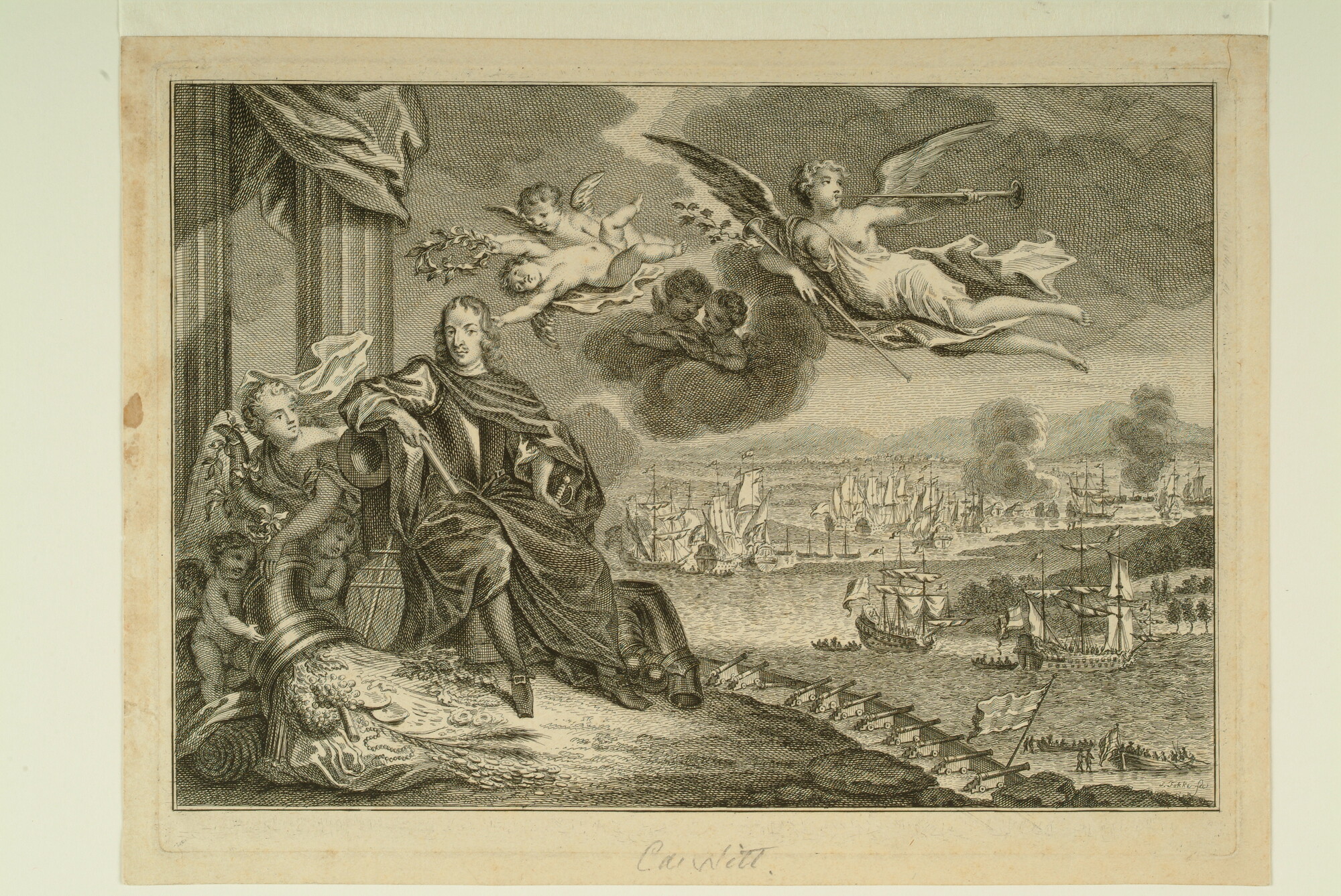 S.1282 [nr 0007]; Afbeelding van Cornelis de Witt, met op de achtergrond de Tocht naar Chatham; prent