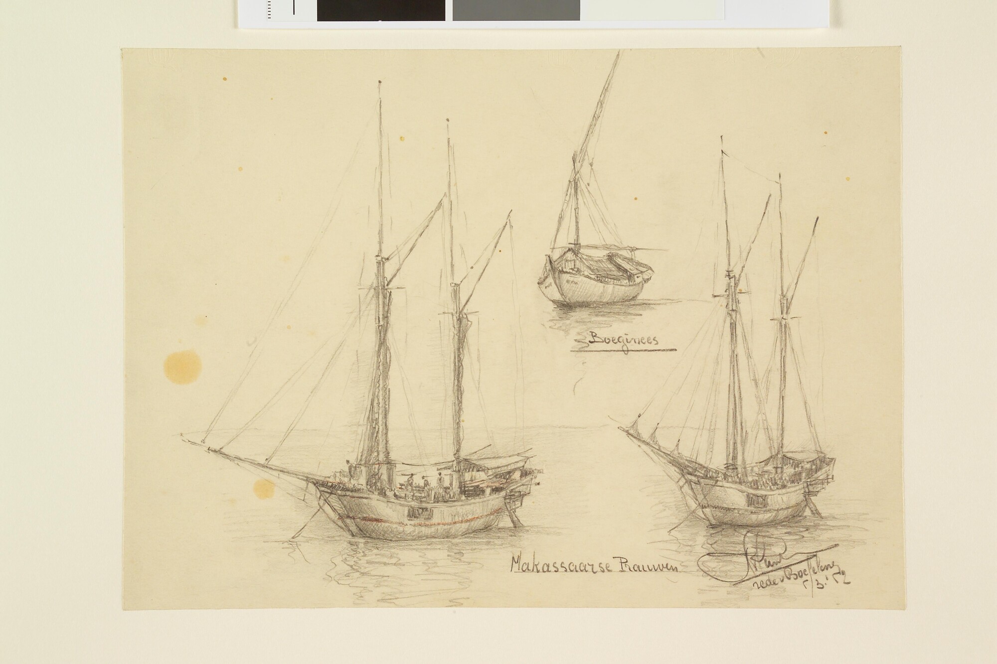 S.4824(12); Drie studies van prauwen in Indonesië; tekening