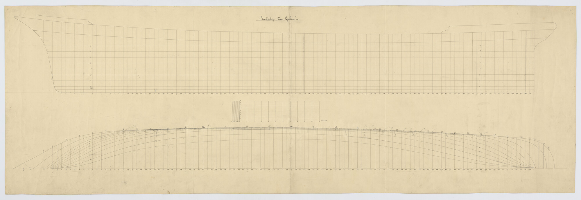 S.1156(05)0087; Zijaanzicht, waterlijnen van de klipperbark Van Galen; technische tekening