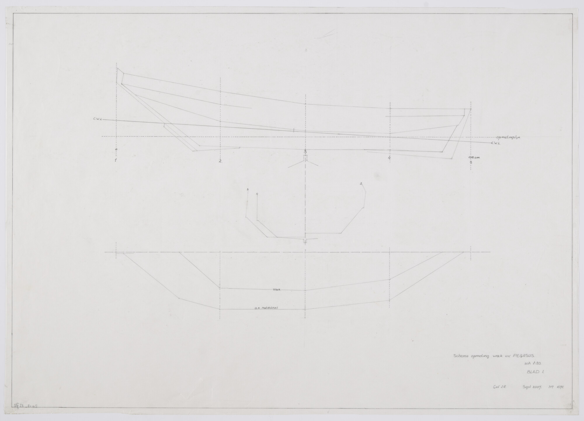 2012.1372; Lijnenplan van het wrak van de hengst 'Pegasus' van 11.50 meter; technische tekening