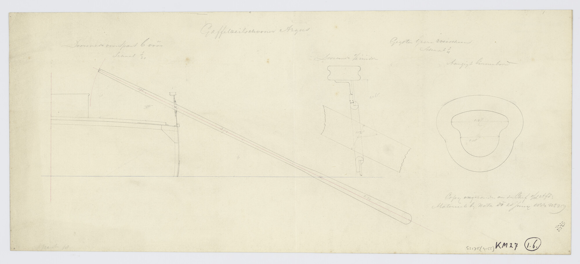 S.2175(4155); Gegoten ijzeren roeischoen met roeiriem van Zr.Ms. 'Argus'; technische tekening
