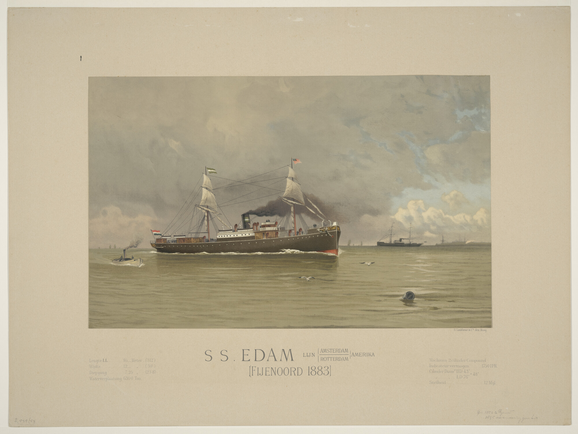 S.0525(53)11; Het passagiersschip ss. 'Edam' van de Holland-Amerika Lijn; prent