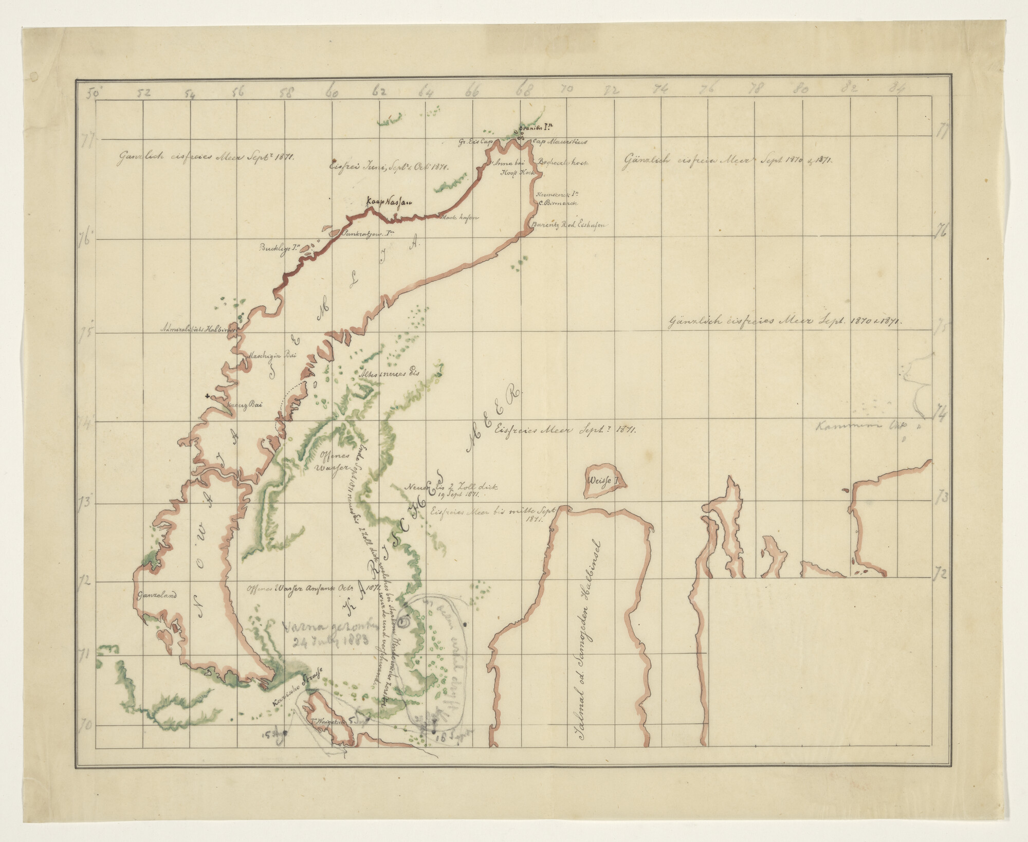 S.0476(01)01; Gekleurd Duits-talig handschriftkaartje van Nova Zembla en een deel van de Karazee, anoniem na september 1871; poolkaart