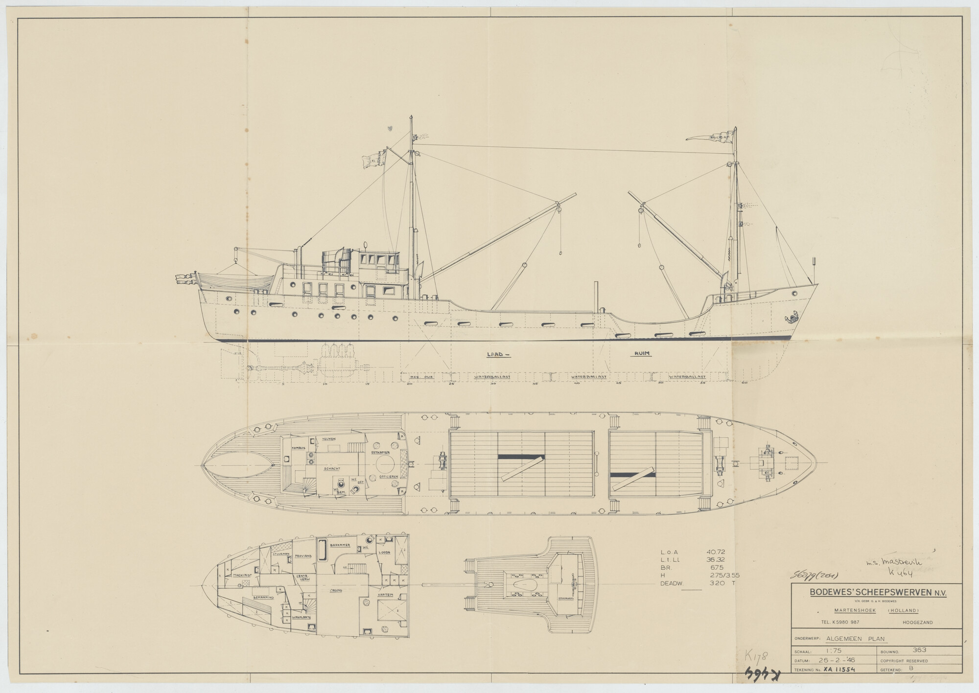 S.6879(204); Algemeen plan van de coaster ms. 'Mastrevike'; technische tekening