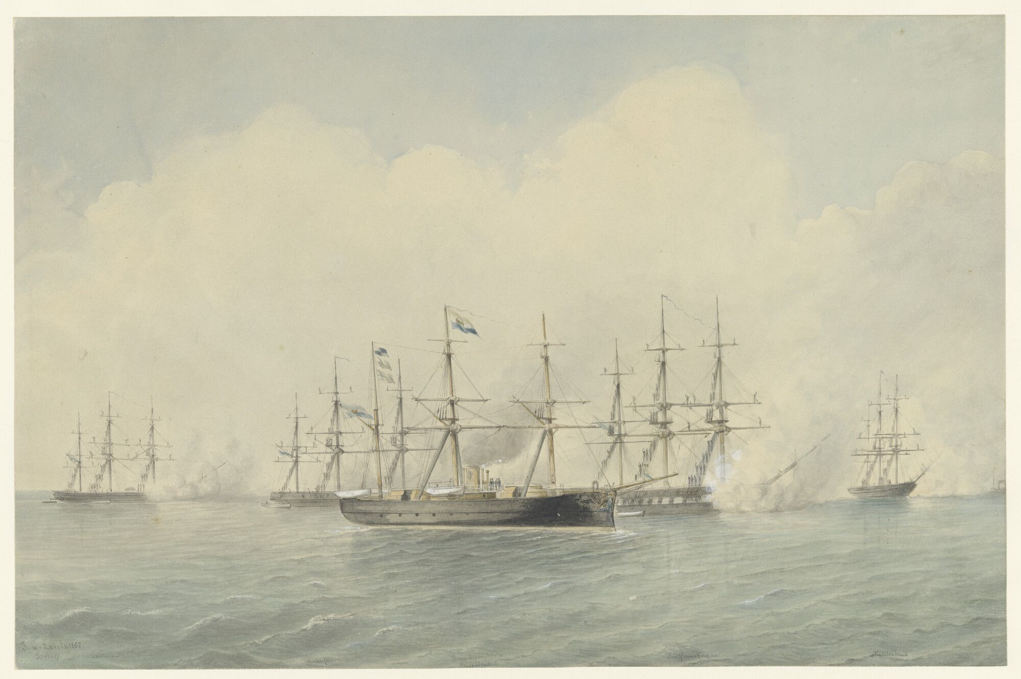 2005.1166; Marine-eskader op de rede van Texel, 1867; tekening
