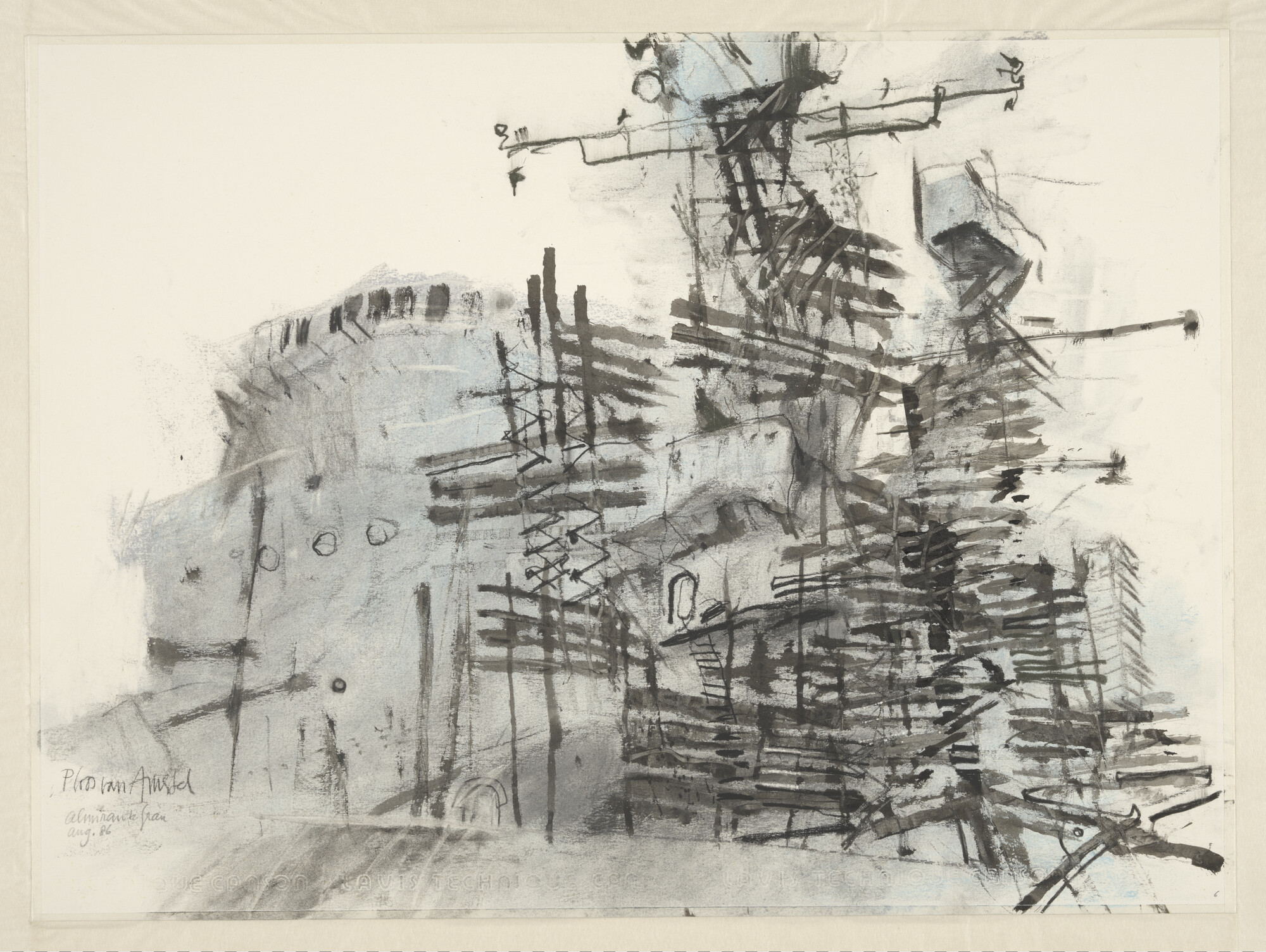 S.7150; De Peruaanse kruiser Almirante Grau (ex- Hr.Ms. De Ruyter) in de steigers; tekening