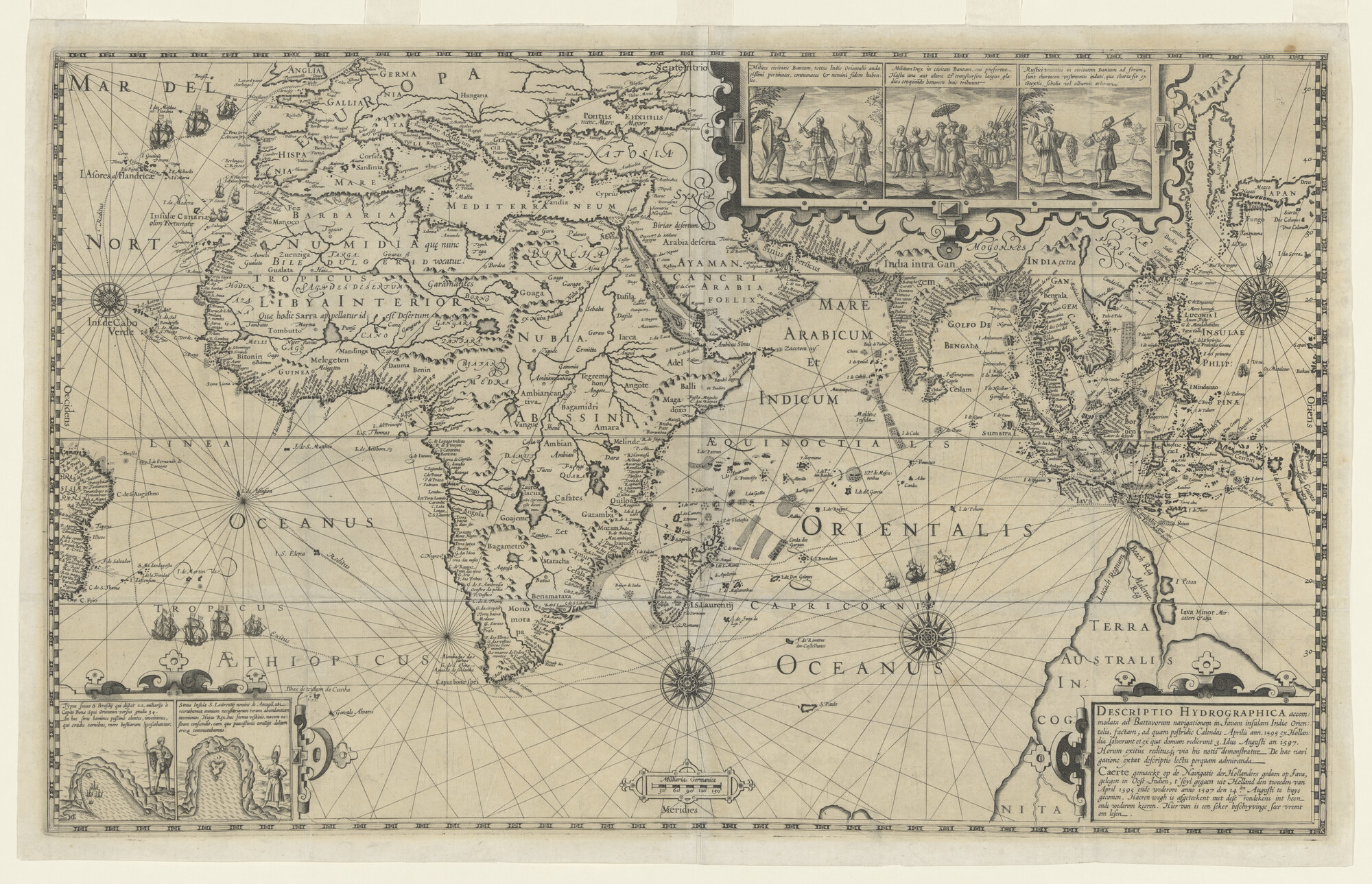 S.3258(02); Kaart waarop de route van de Eerste Schipvaart, 1595-1597, te zien is; zeekaart