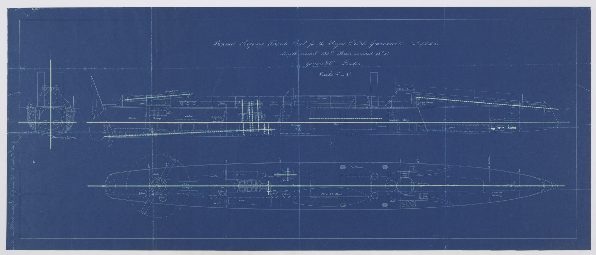 S.2175(3178); Dwarsdoorsnede, verticale langsdoorsnede en horizontale langsdoorsnede boven de waterlijn van een ontwerp torpedoboot uit 1885; technische tekening