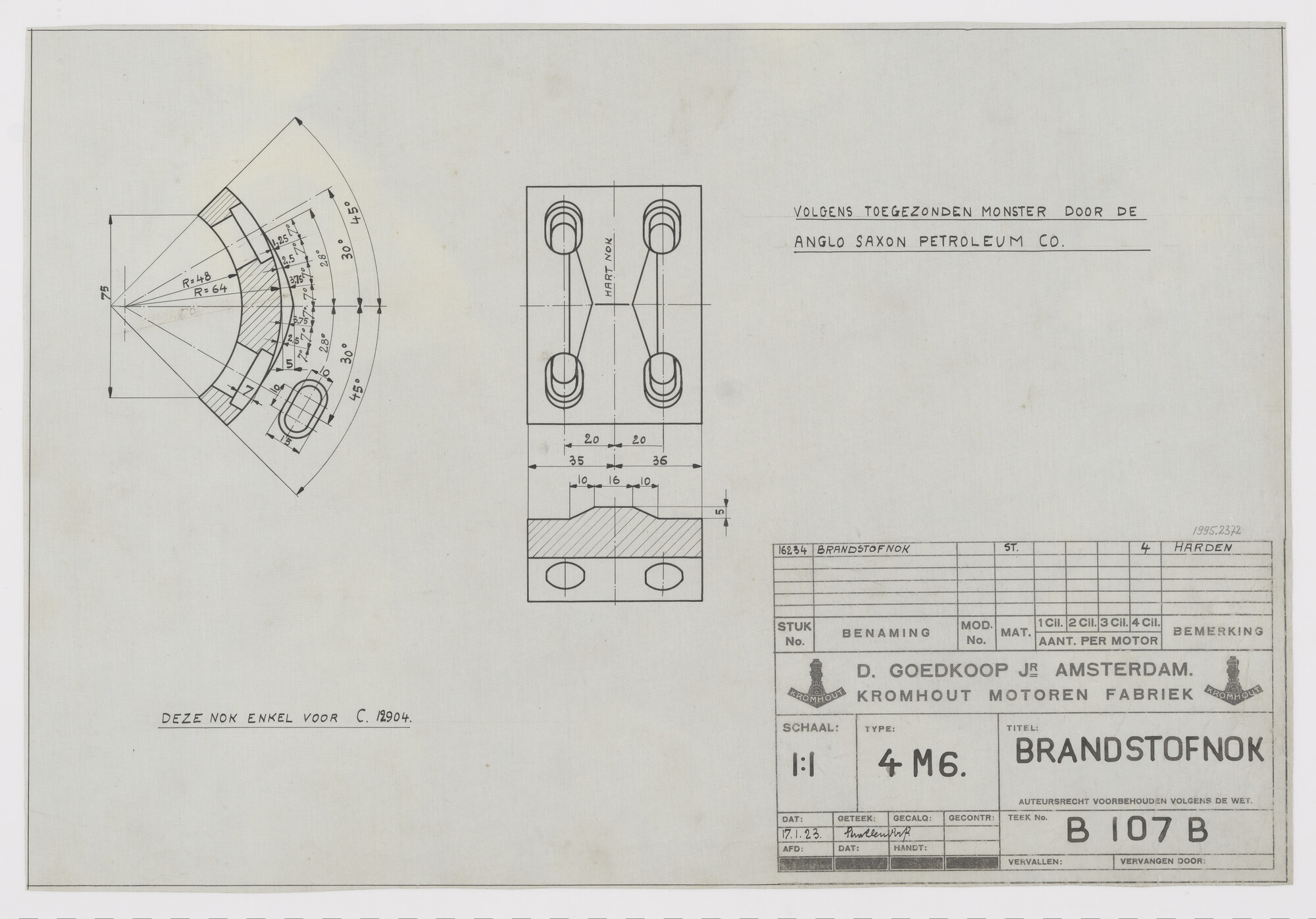 1995.2372; Brandstofnok van Kromhoutmotor 4M6DO; technische tekening