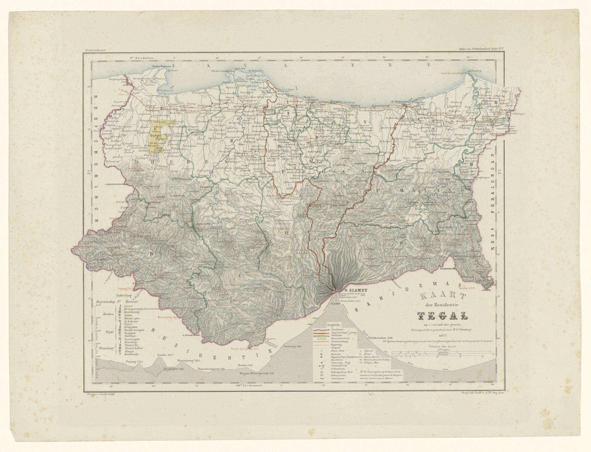 1998.2066; Gekleurde kaart van de residentie Tegal samengesteld door W.F. Versteeg in 1877; landkaart