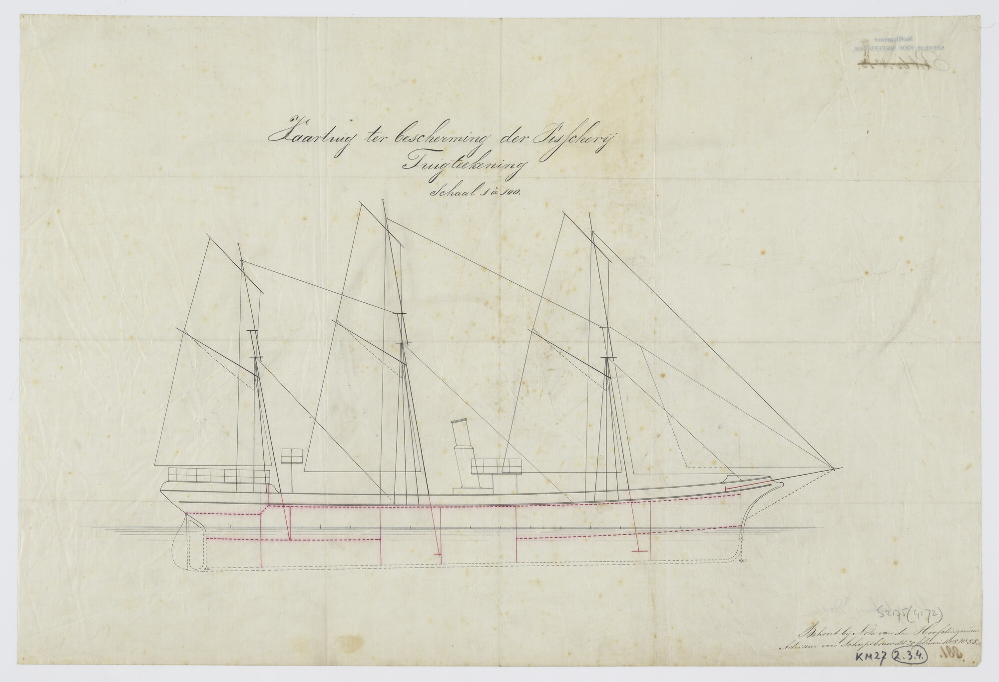 S.2175(4172); Tuigtekening (zeilplan) van Zr.Ms. 'Dolfijn'; technische tekening