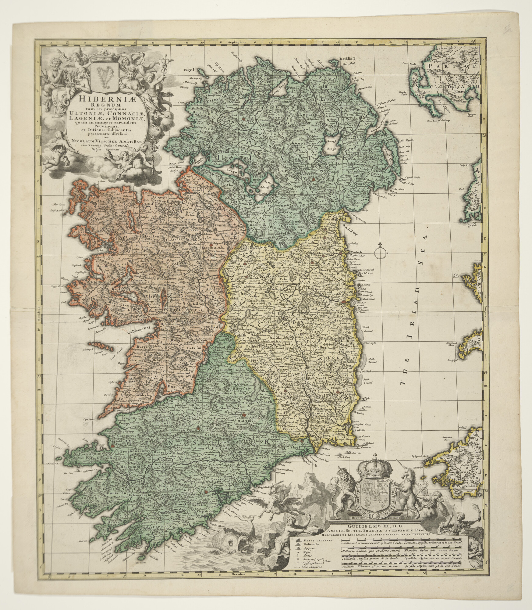 A.3845(01)024; Met de hand gekleurde kaart van Ierland, door Nicolaas Jansz Visscher (1649 - 1702), Amsterdam, circa 1698; landkaart
