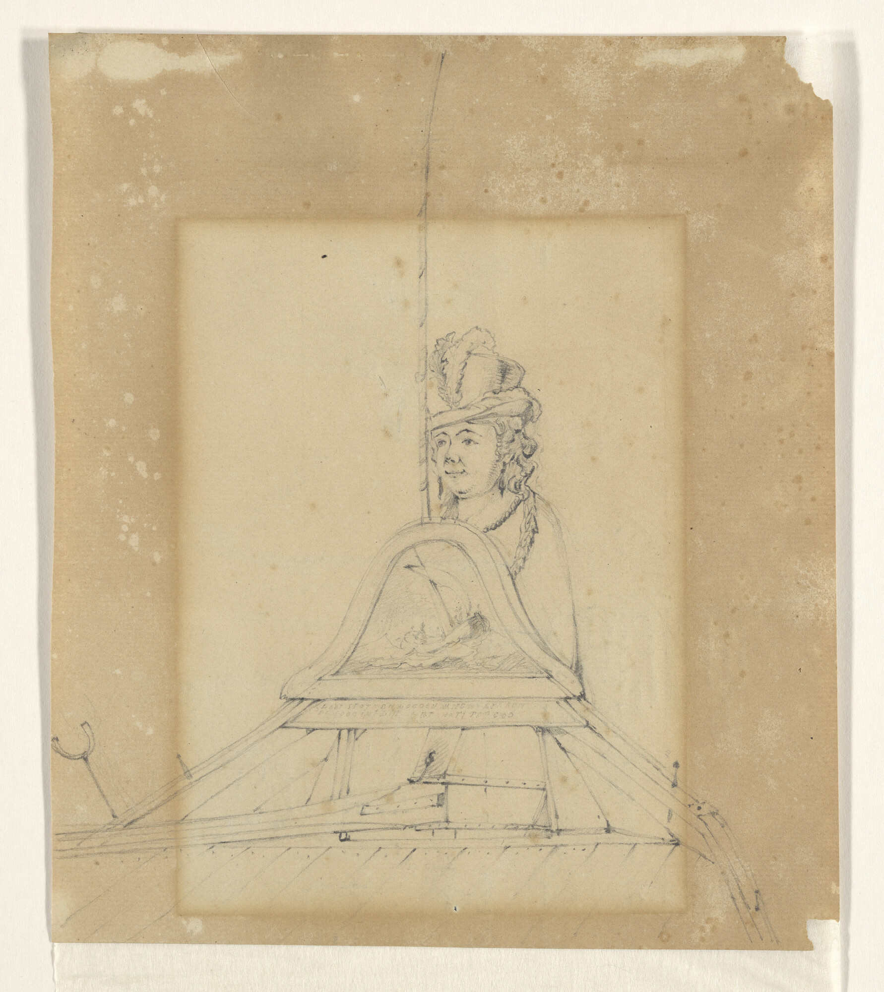 A.0149(0405)3; De achtersteven van een binnenschip, gezien naar het roer, met een hakkebord; tekening
