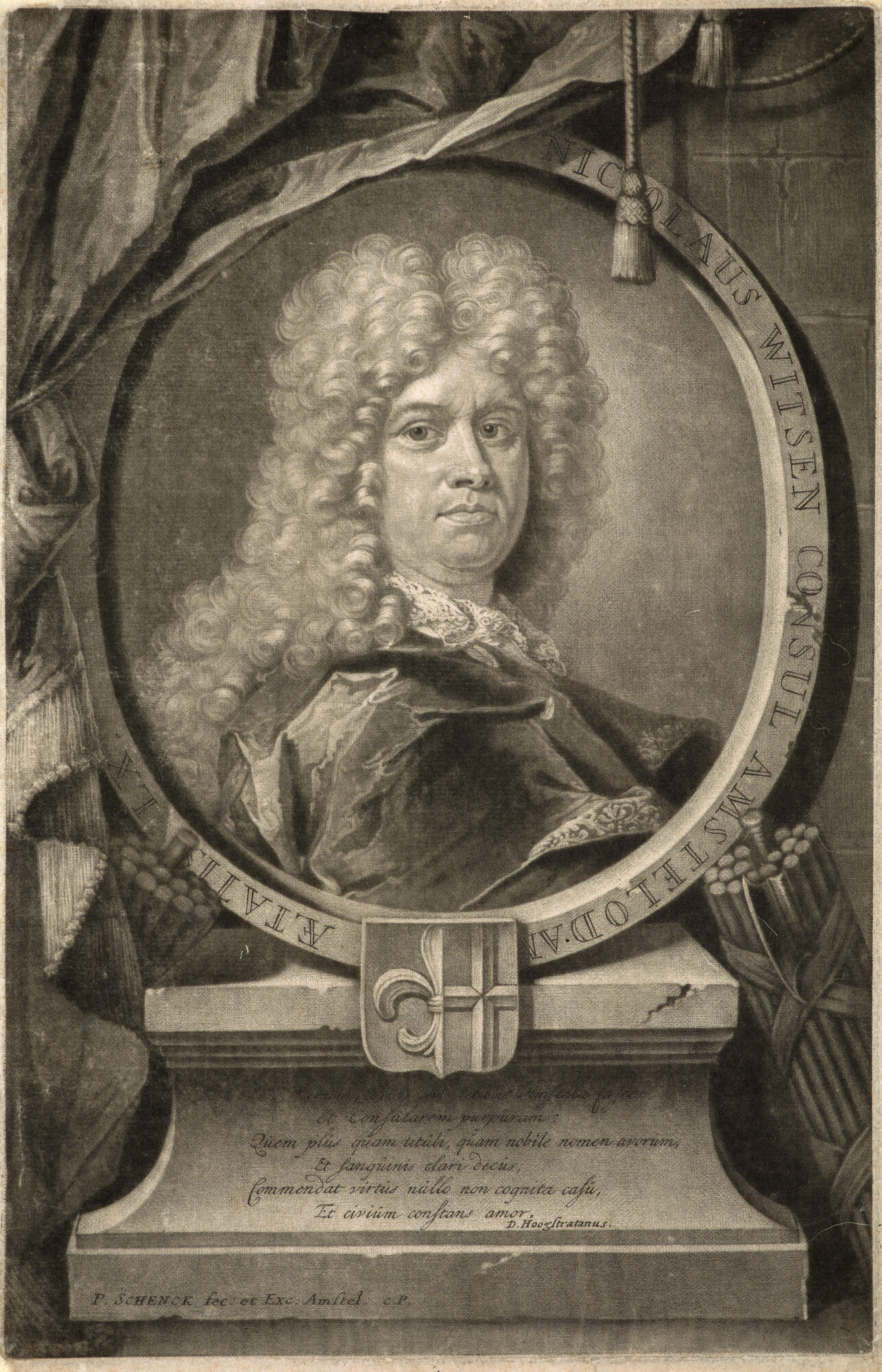 A.1752(02); Portret van Nicolaas Witsen in ovaal met wapen; prent