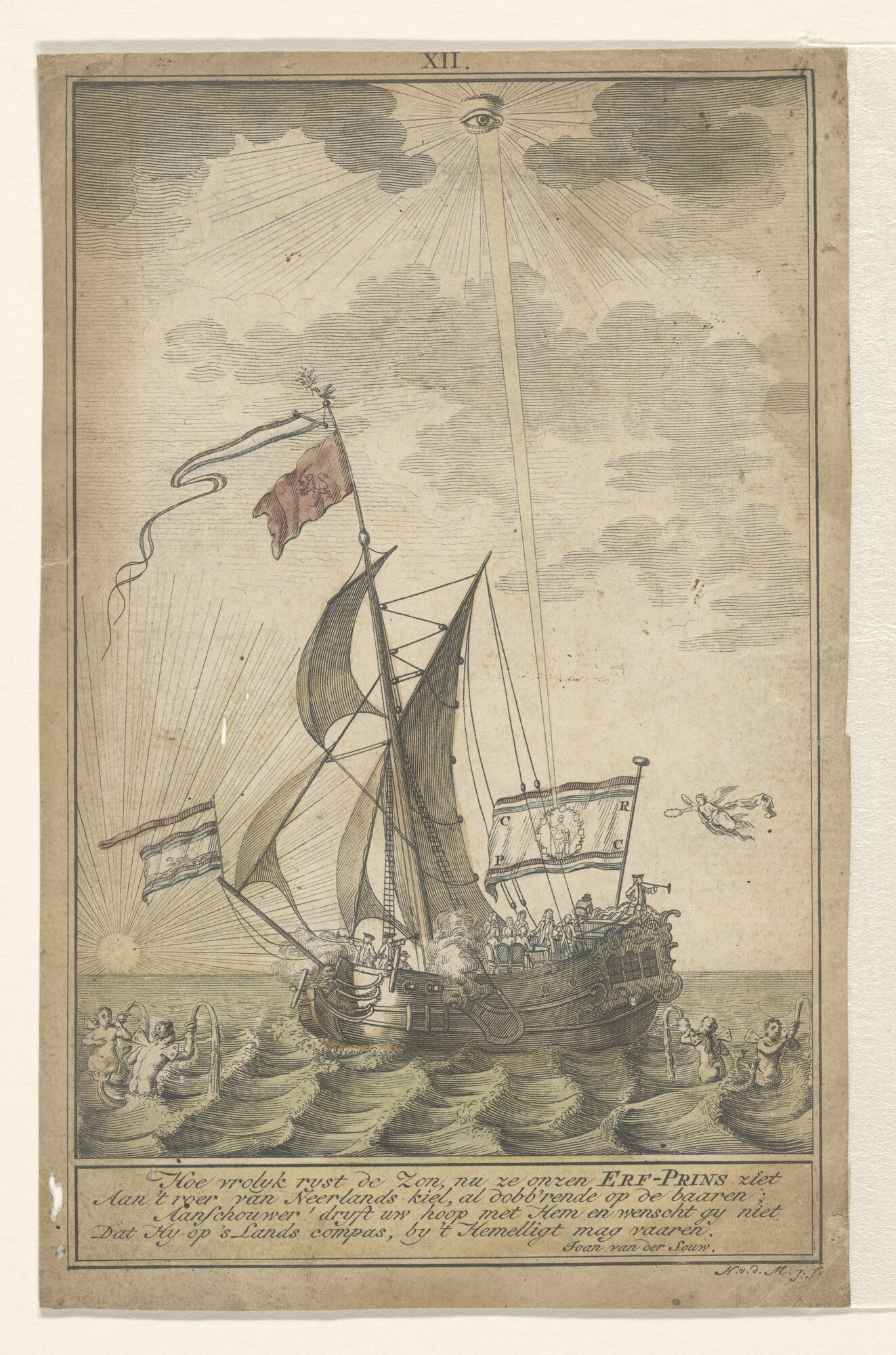 A.2531; Zinneprent op de verheffung van Willem V tot stadhouder, 1766: de prins aan het roer van het Schip van Staat; prent