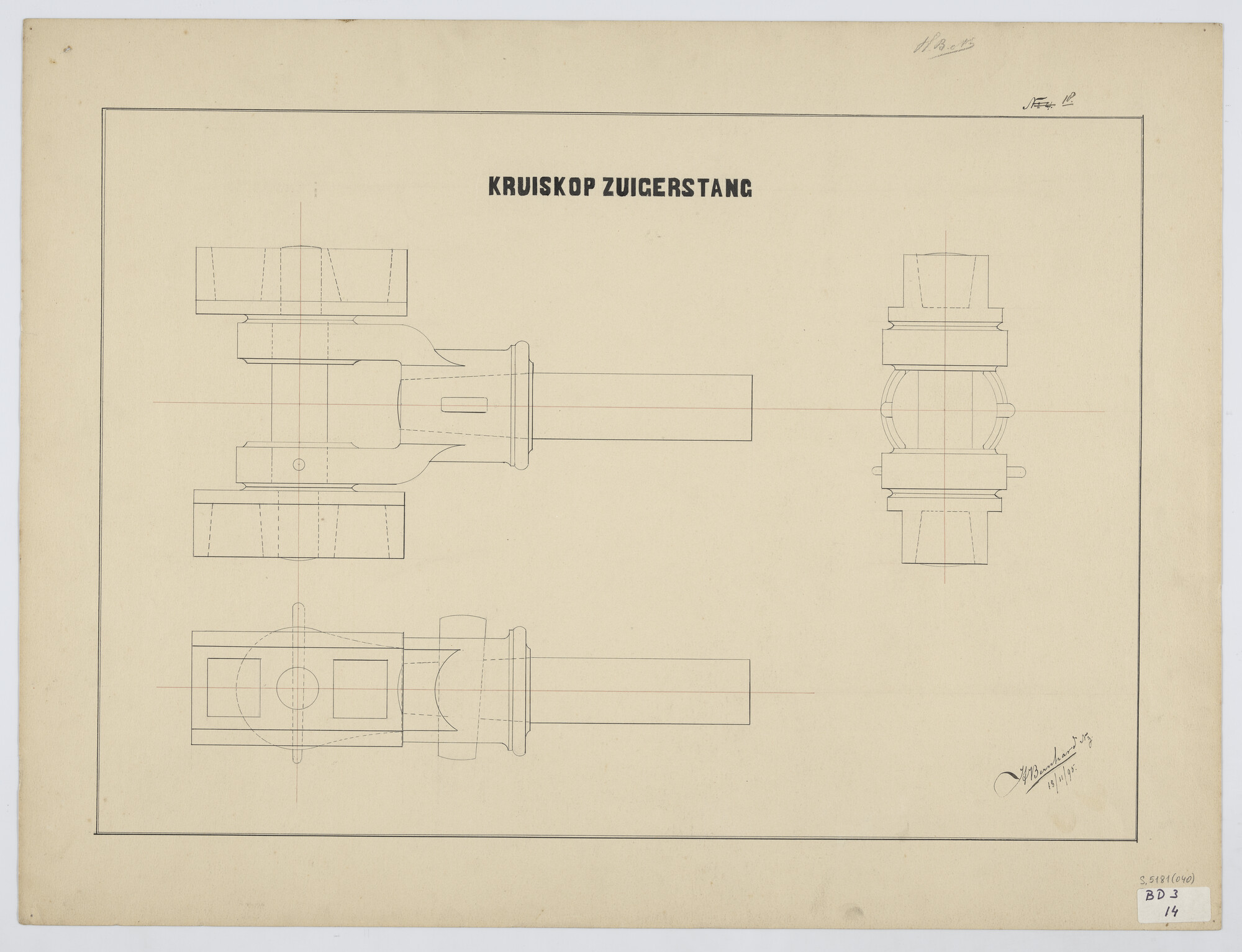 S.5181(040); Inleiding in de eerste beginselen rechtlijnig, bouwkunstig- en werktuigbouwkunstig tekenen: kruiskop van een zuigerstang; technische tekening