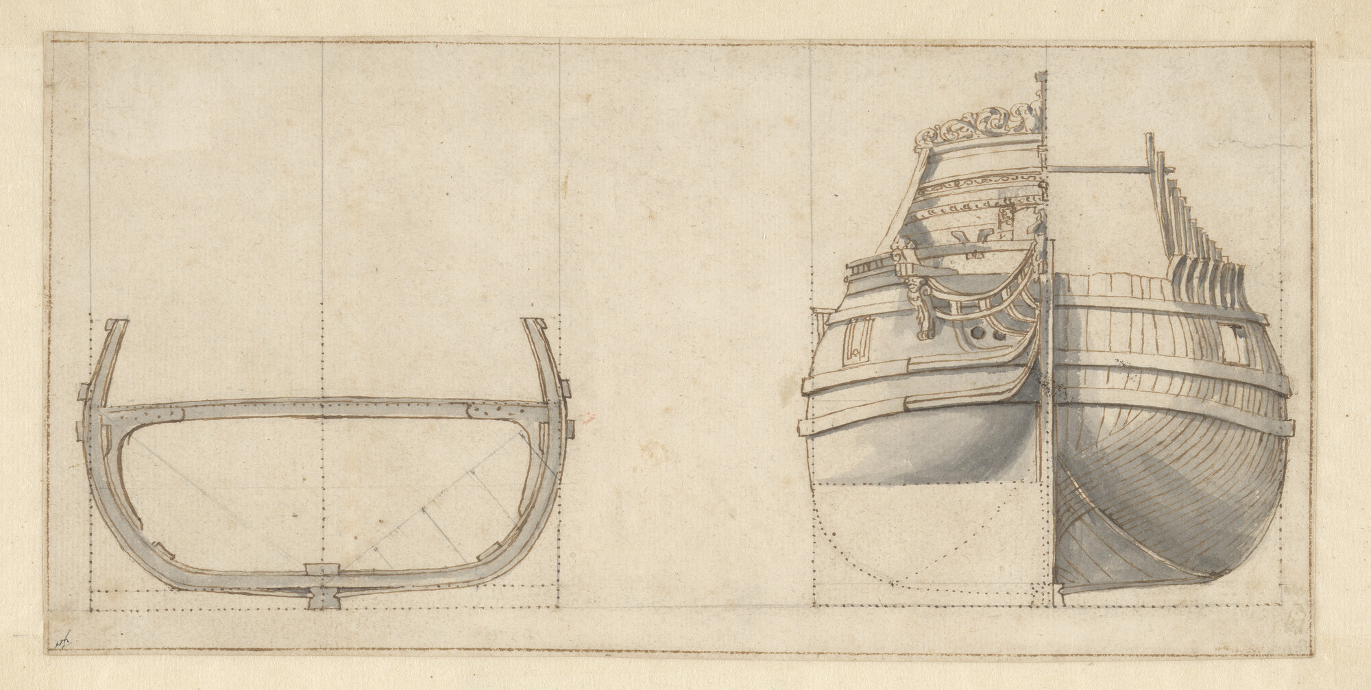 A.0149(0857); Grootspant, voor- en achteraanzicht van een pinasschip van 110 voet; technische tekening