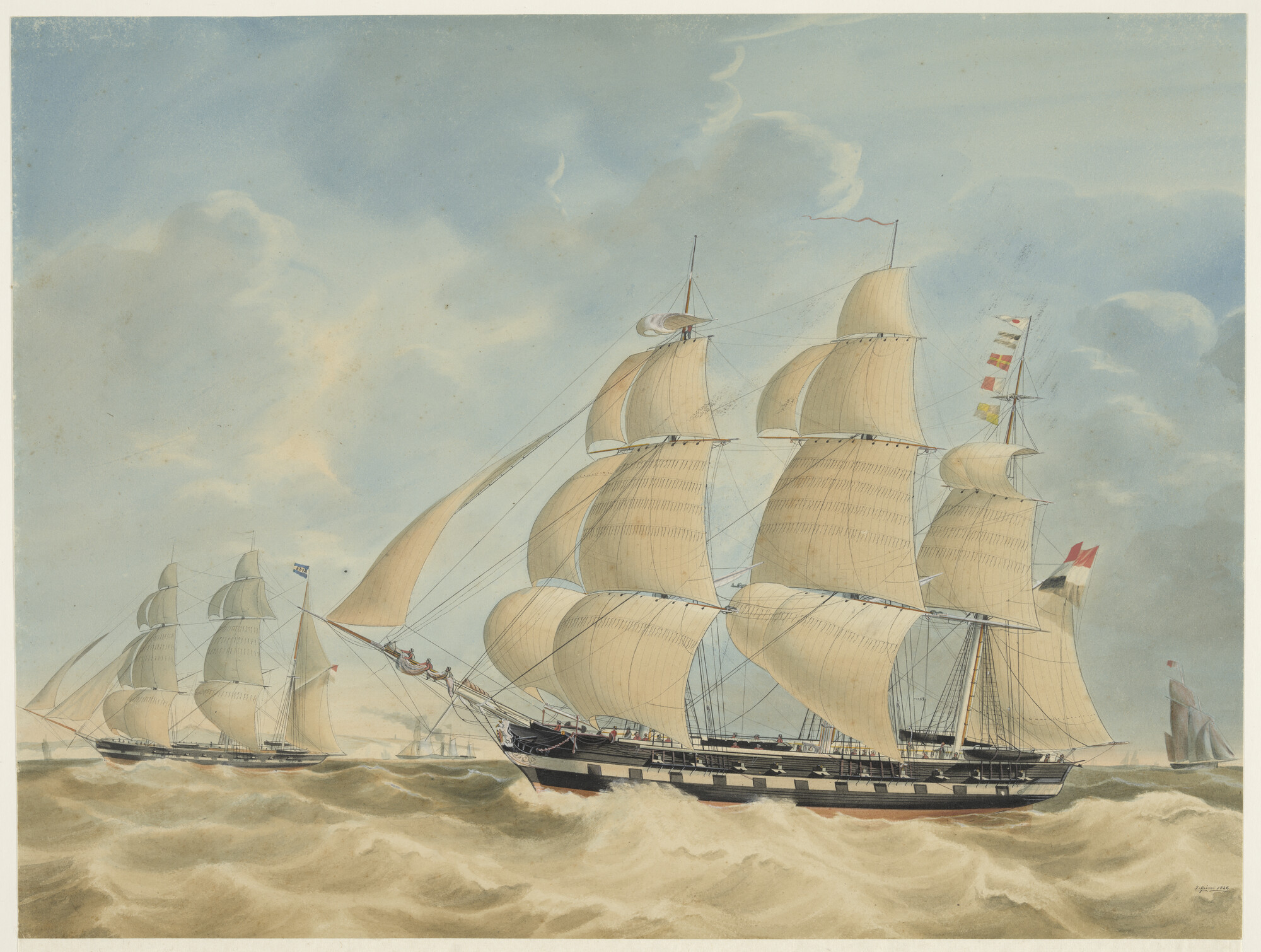S.1119(23); Het fregatschip Doggersbank en de bark Canton; tekening