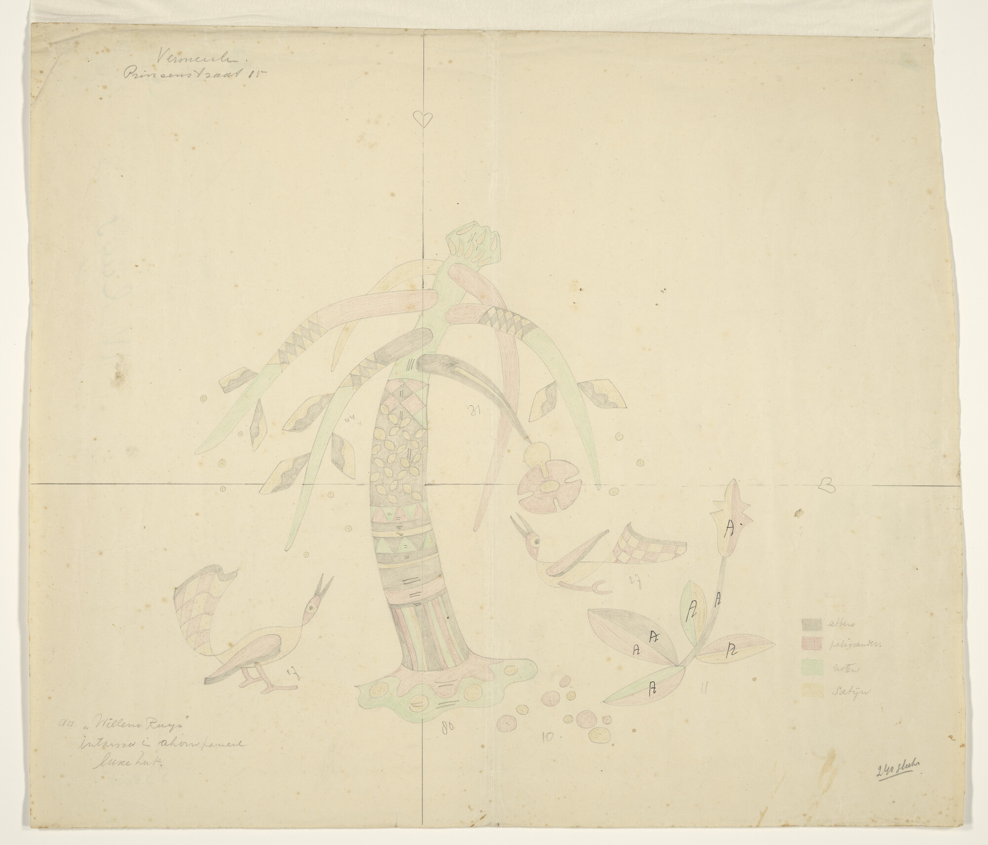 S.7308(01); Ontwerp intarsia paneel voor het passagiersschip ms. 'Willem Ruys'; tekening